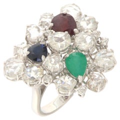 Rose Cut Diamonds Ruby Sapphire Emerald 18 Karat White Gold Cocktail Ring