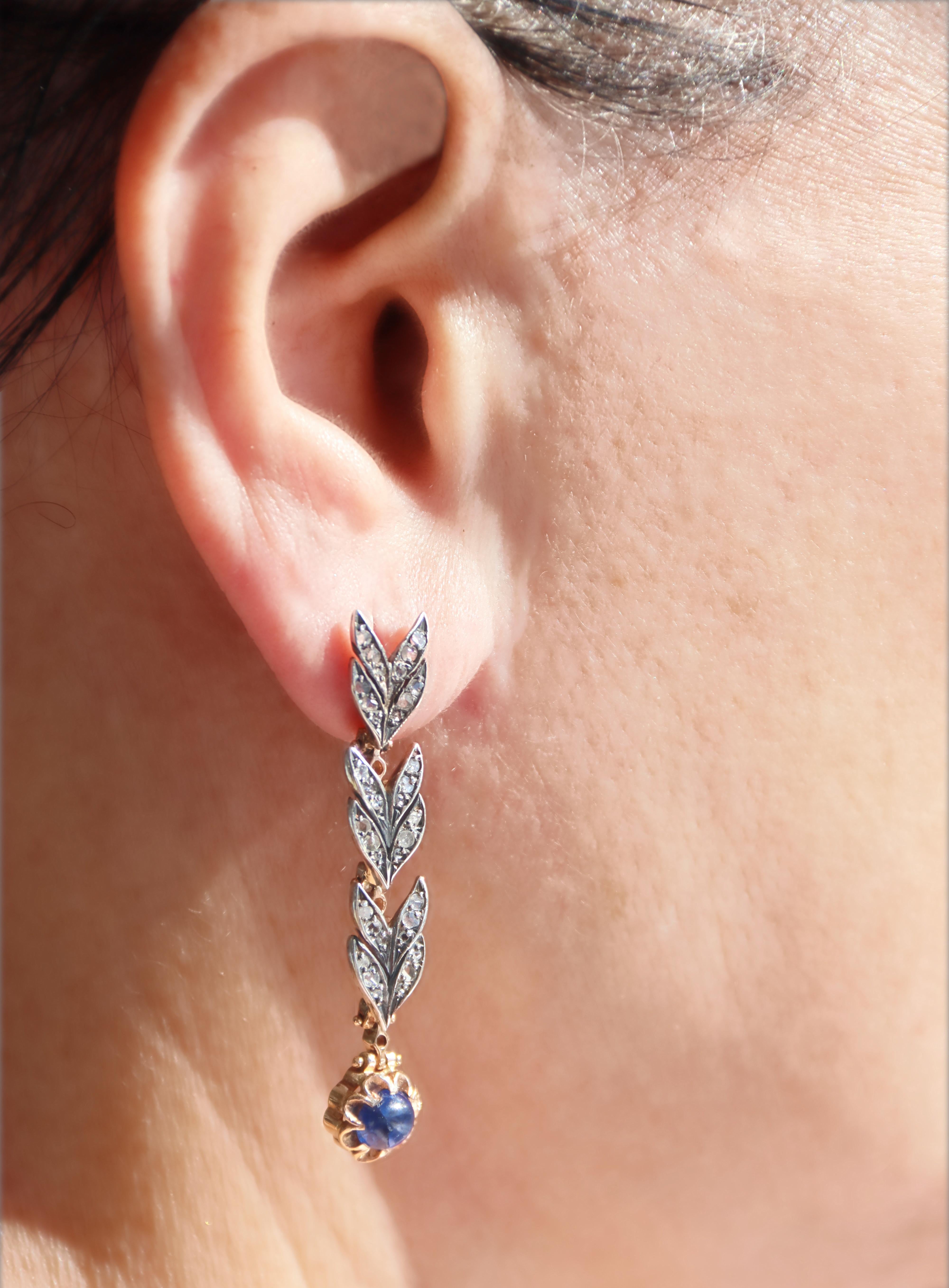 Boucles d'oreilles pendantes en or jaune 14 carats avec diamants taillés en rose et saphirs en vente 4