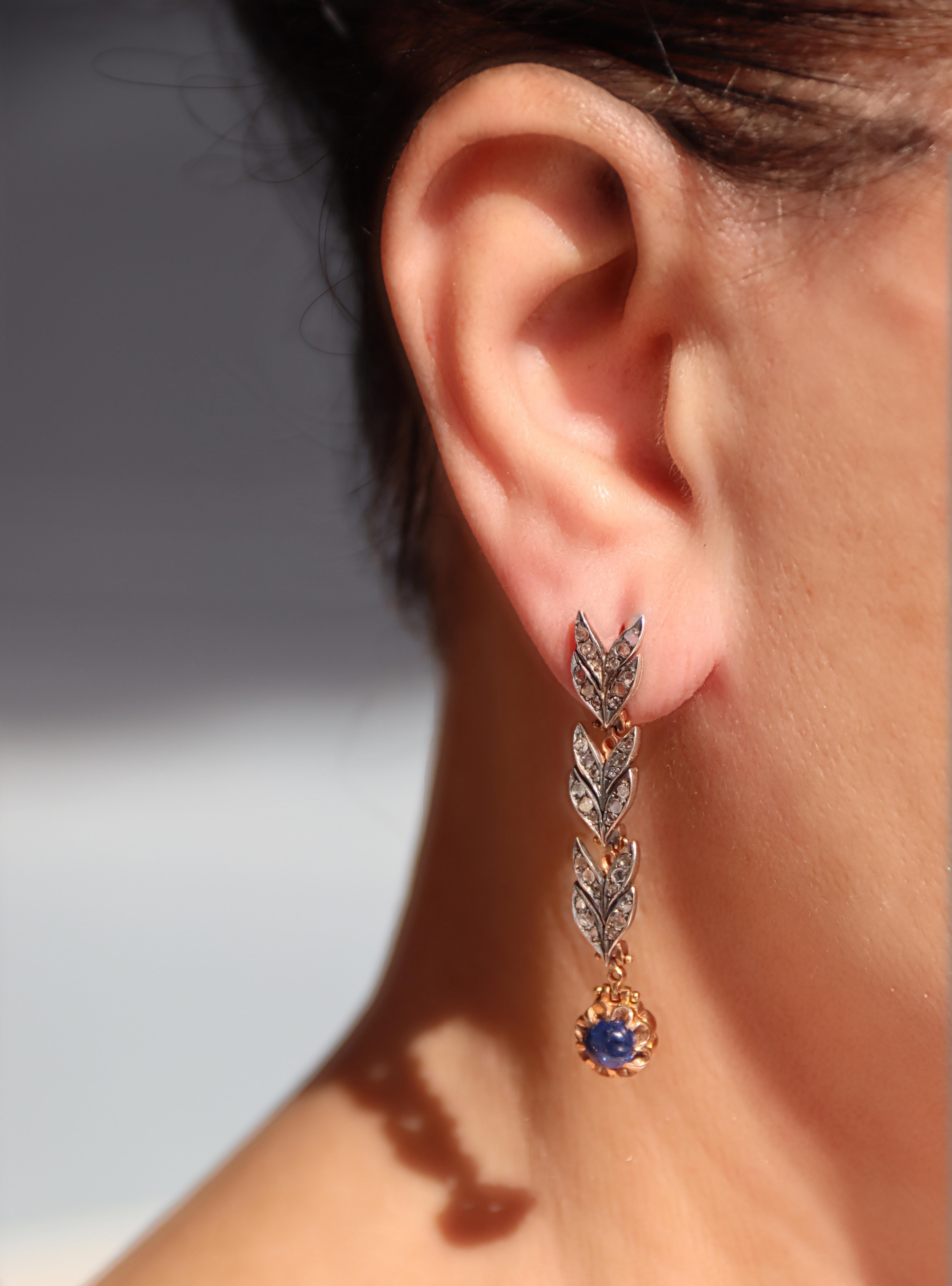 Boucles d'oreilles pendantes en or jaune 14 carats avec diamants taillés en rose et saphirs en vente 5