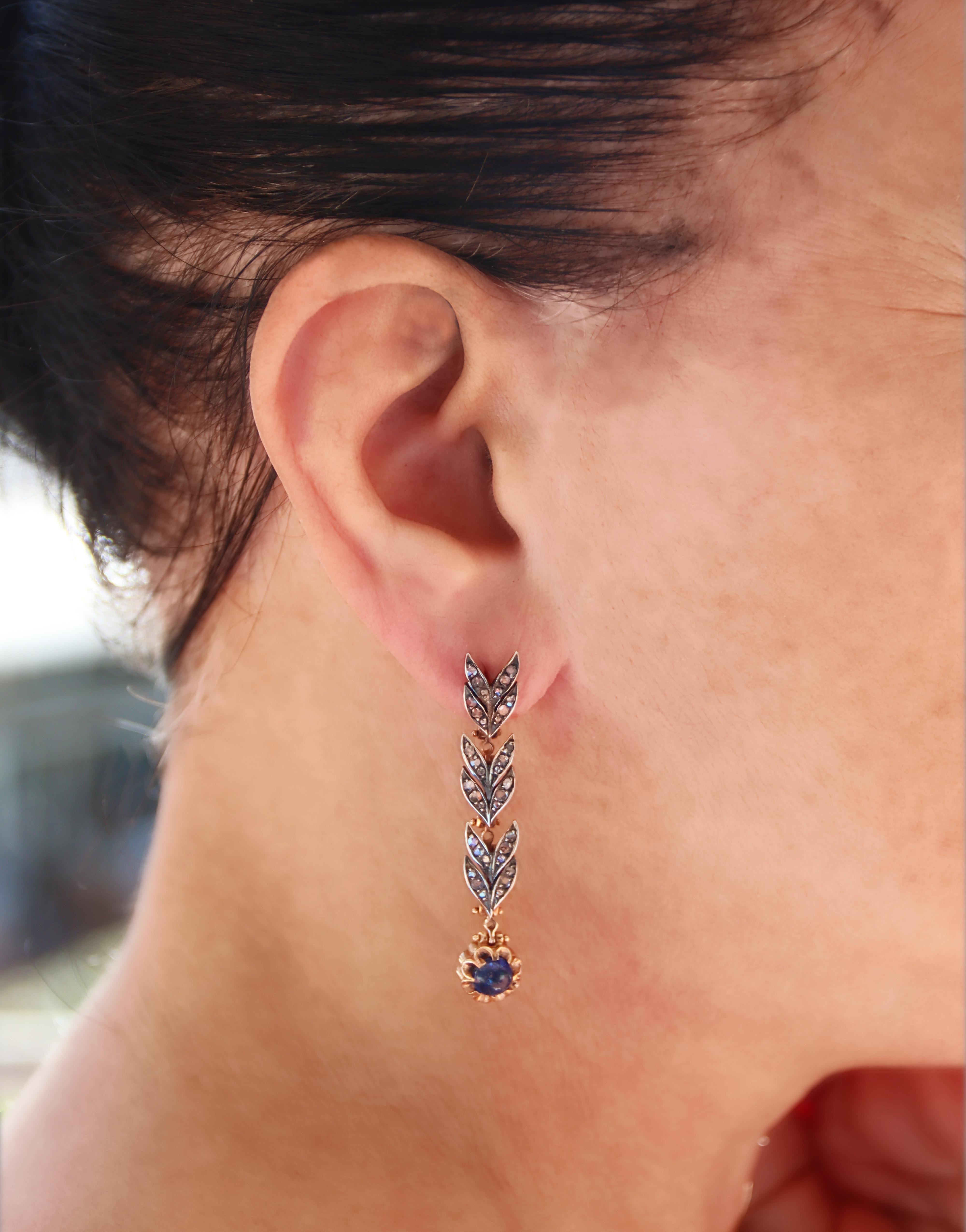 Boucles d'oreilles pendantes en or jaune 14 carats avec diamants taillés en rose et saphirs Pour femmes en vente