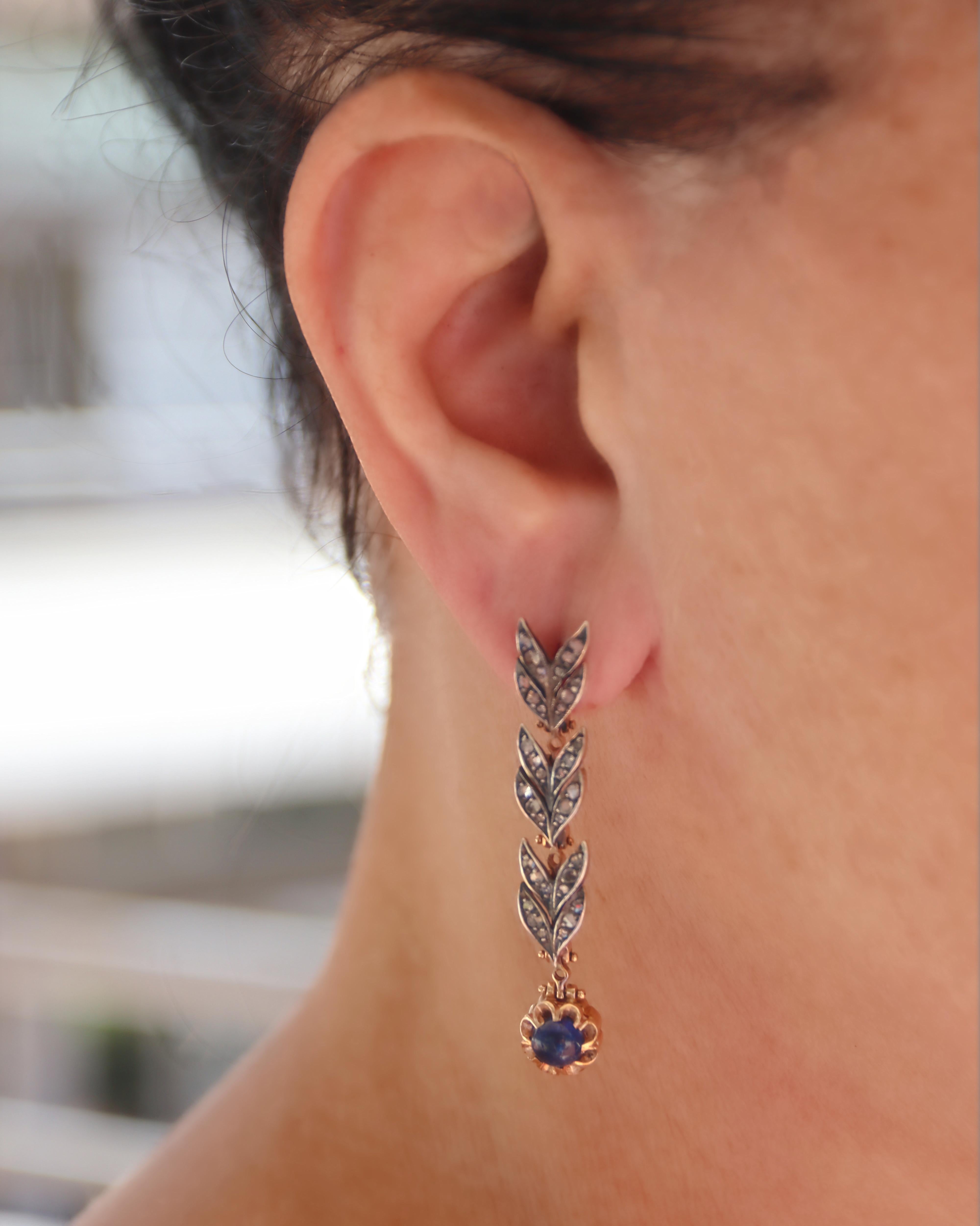 Boucles d'oreilles pendantes en or jaune 14 carats avec diamants taillés en rose et saphirs en vente 1