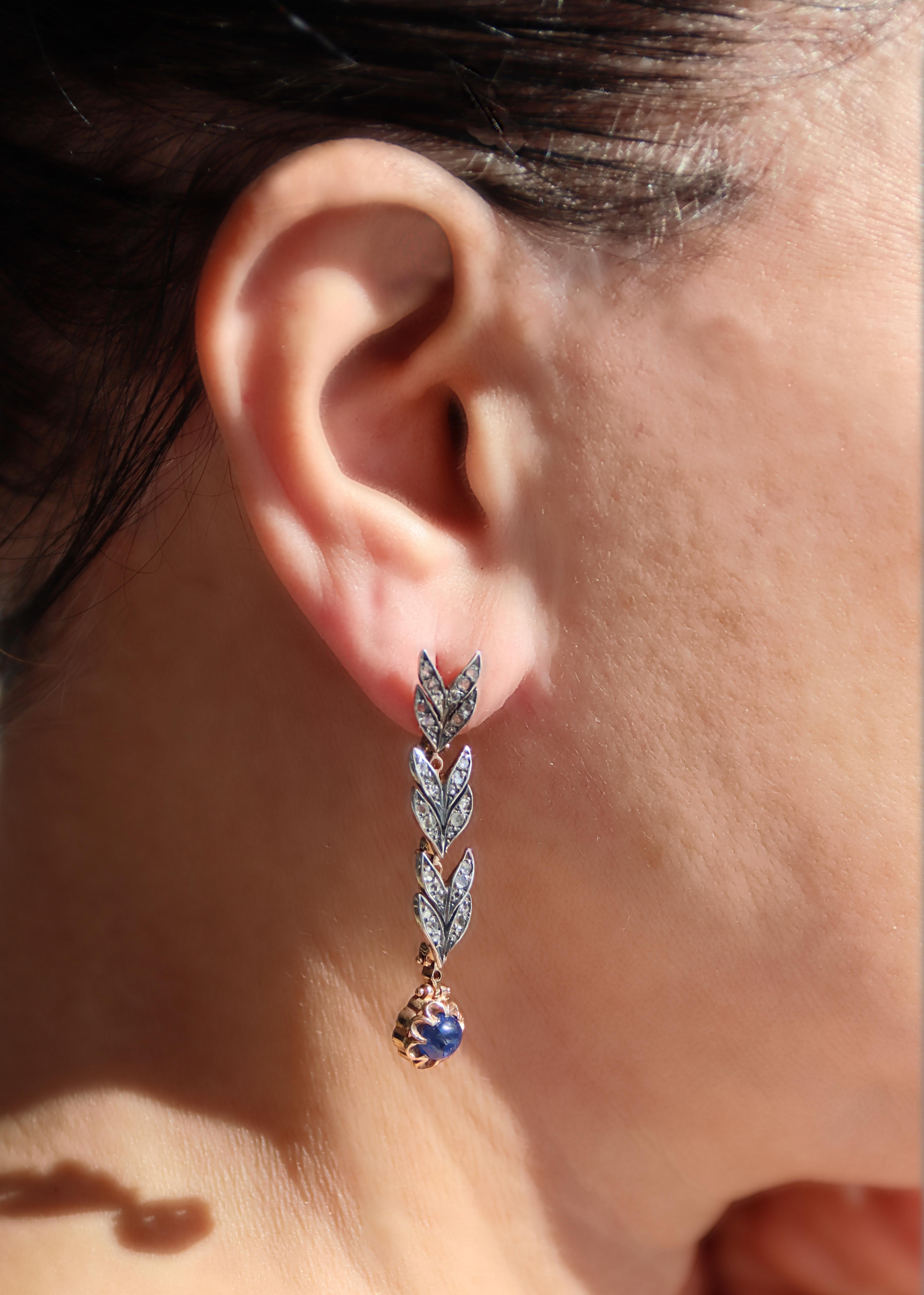 Boucles d'oreilles pendantes en or jaune 14 carats avec diamants taillés en rose et saphirs en vente 2