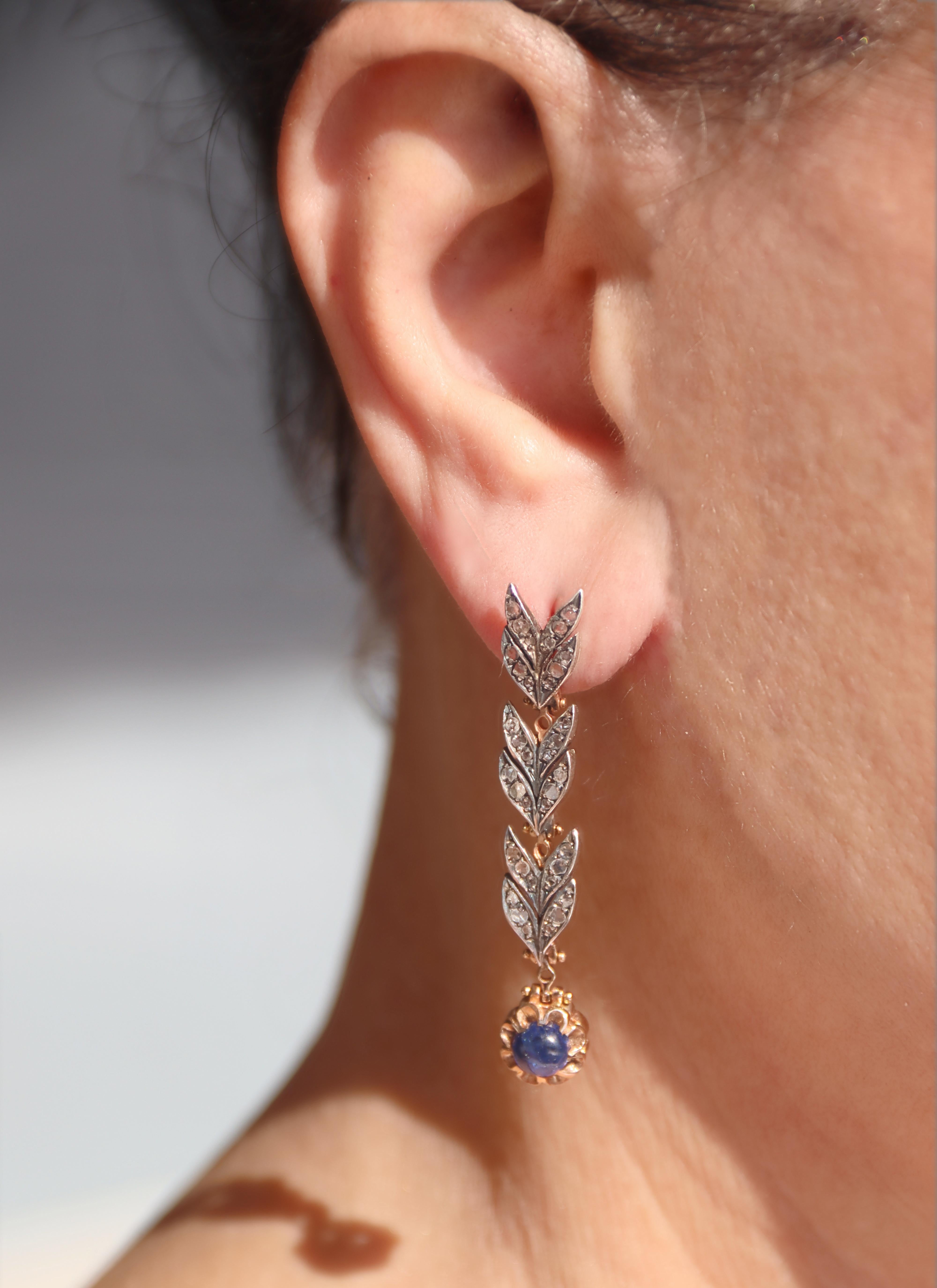 Boucles d'oreilles pendantes en or jaune 14 carats avec diamants taillés en rose et saphirs en vente 3