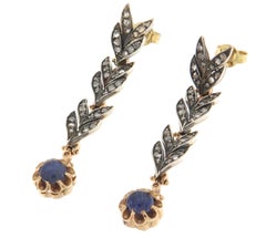 14K Yellow Gold Sapphire & Rose Cut Diamond Drop Earrings, Italy, 1980