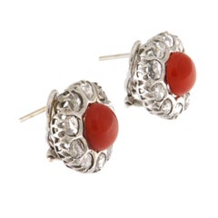 14K White Gold Sardinian Coral & Rose Cut Diamond Stud Earrings