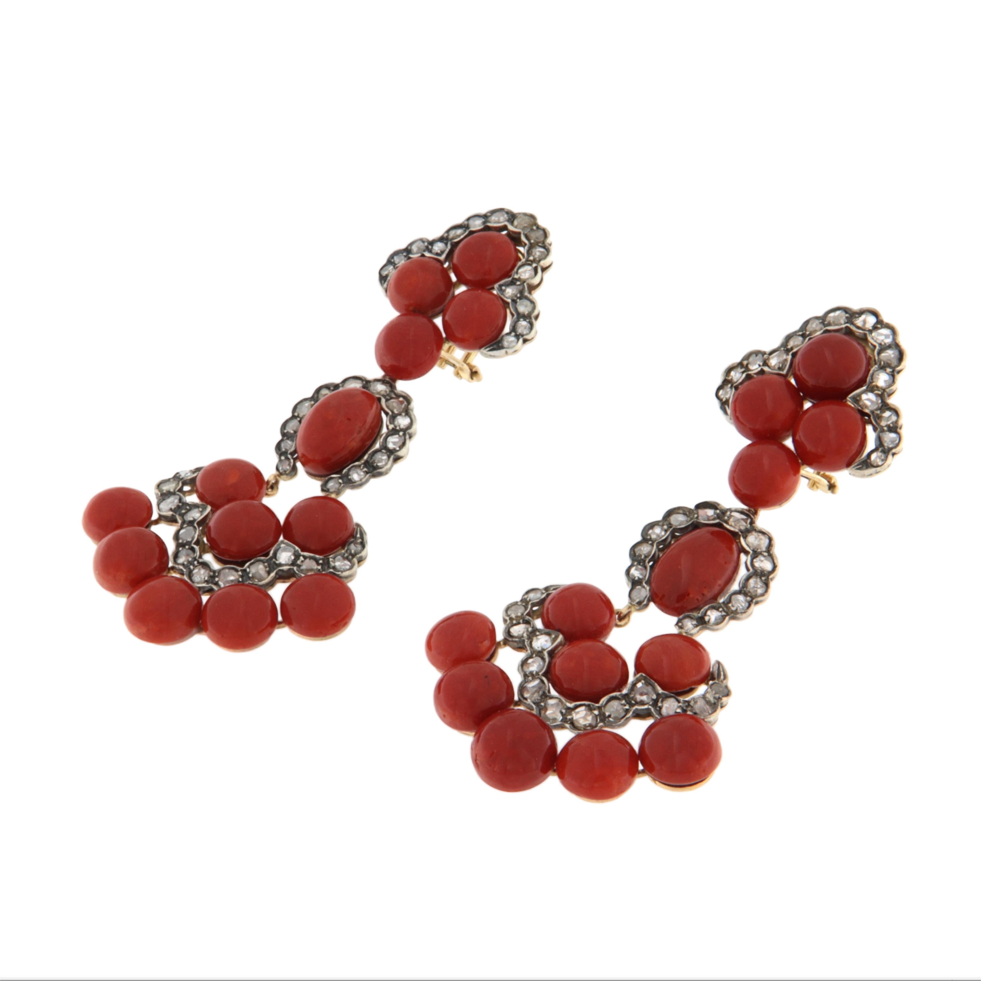 Artisan Rose Cut Diamonds Sardinian Coral 14 Kt Yellow Gold Drop Earrings en vente