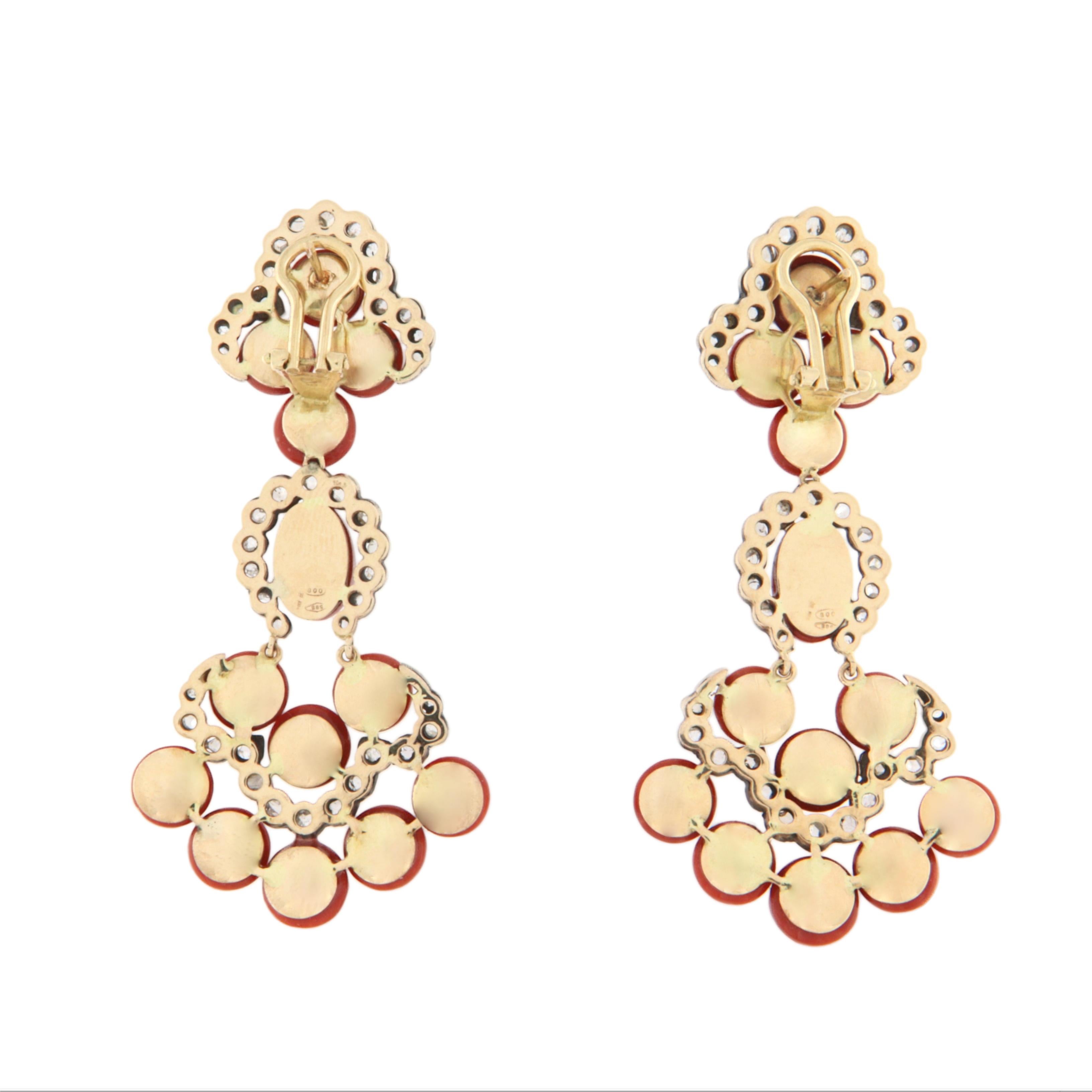 Taille rose Rose Cut Diamonds Sardinian Coral 14 Kt Yellow Gold Drop Earrings en vente