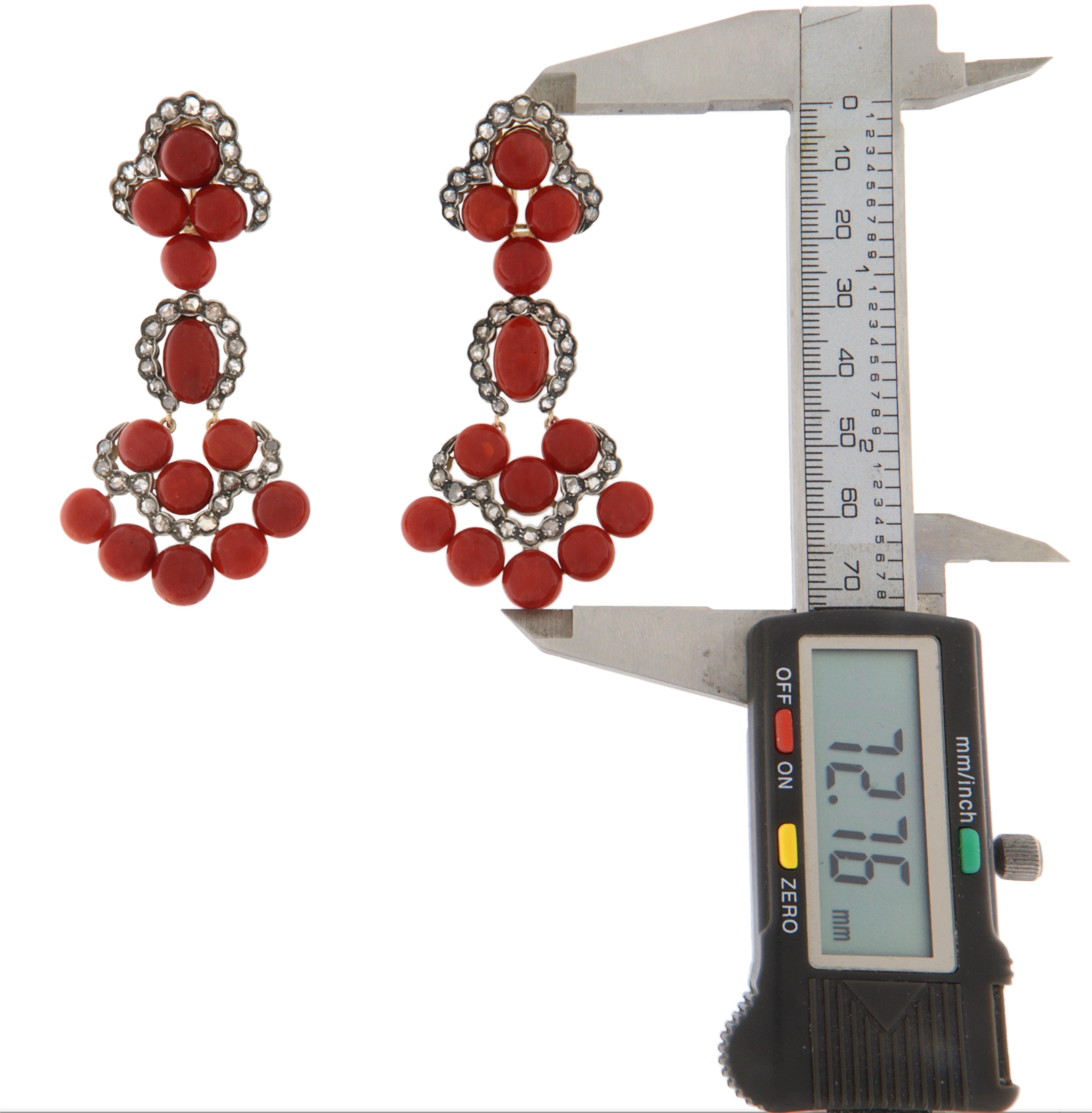 Rose Cut Diamonds Sardinian Coral 14 Kt Yellow Gold Drop Earrings Neuf - En vente à Marcianise, IT