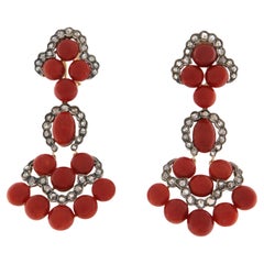 Rose Cut Diamonds Sardinian Coral 14 Kt Yellow Gold Drop Earrings