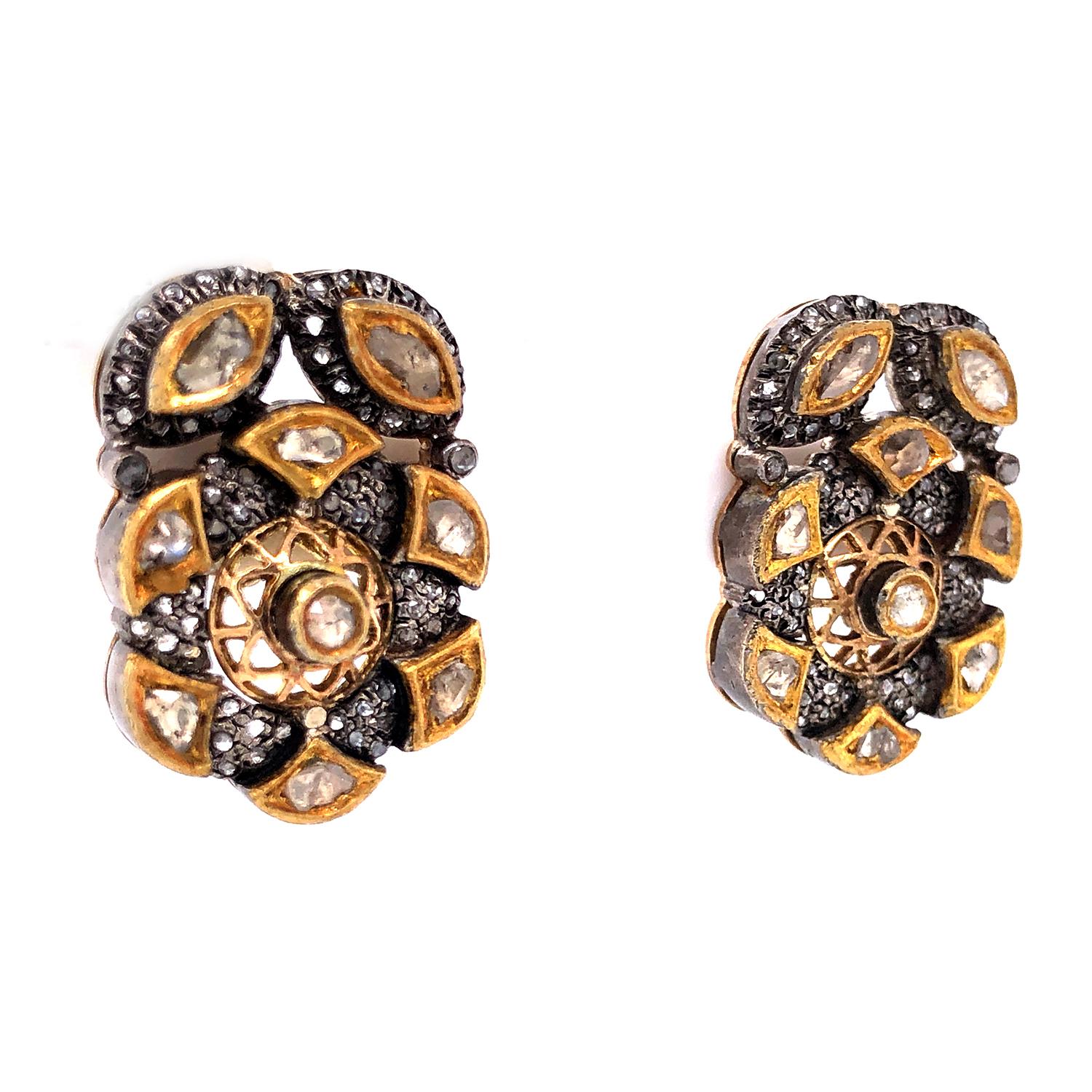 Artisan Rose Cut Diamonds Studs With Filigree Work Made In Silver & 18k Gold For Sale