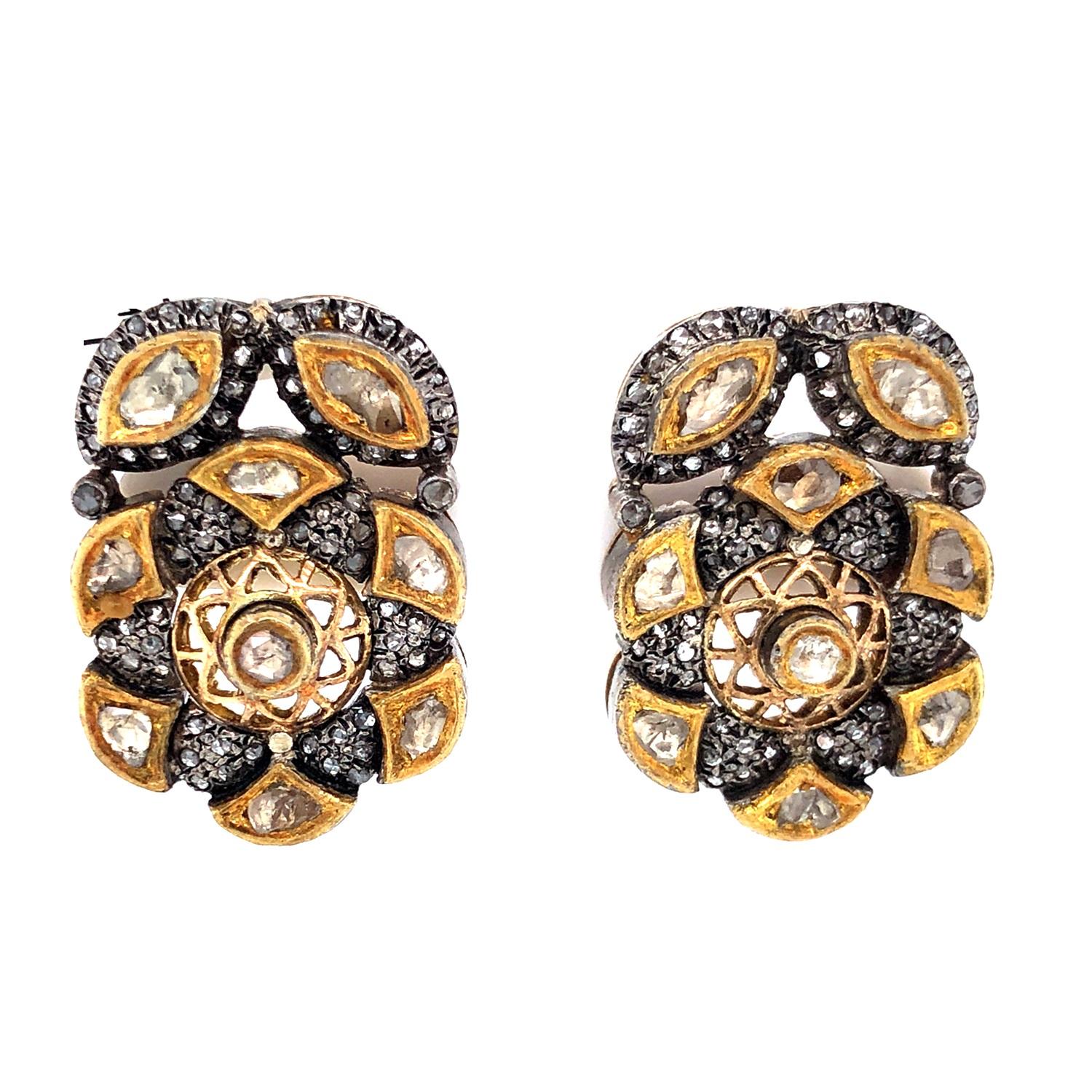 Women's Rose Cut Diamonds Studs With Filigree Work Made In Silver & 18k Gold For Sale