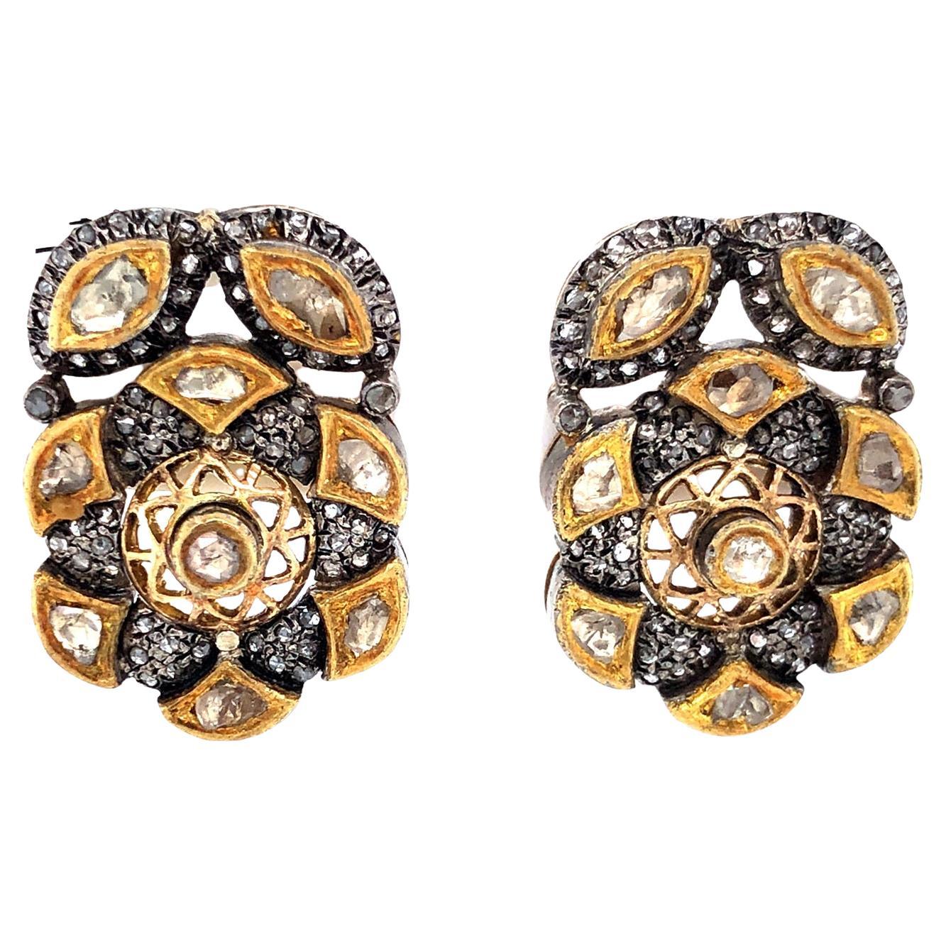 Rose Cut Diamonds Studs With Filigree Work Made In Silver & 18k Gold For Sale