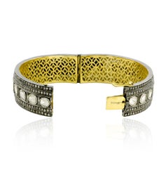 Rose Cut Diamonds Tennis Bangle with Pave Diamonds in 18k Yellow Gold & Silver