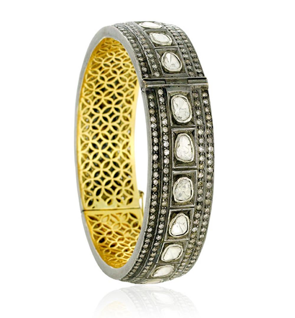 Contemporary Rose Cut Diamonds Tennis Bangle with Pave Diamonds in 18k Yellow Gold & Silver For Sale
