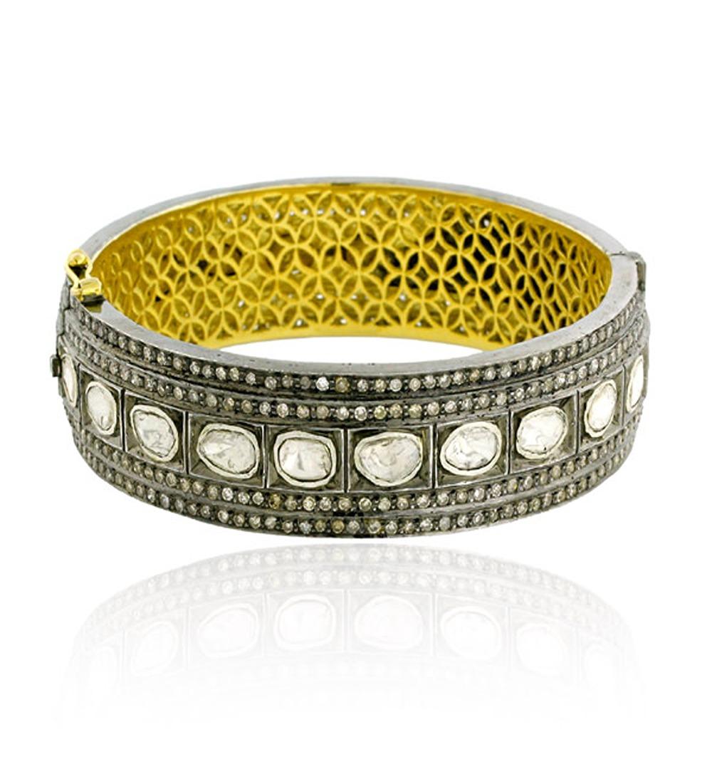 Mixed Cut Rose Cut Diamonds Tennis Bangle with Pave Diamonds in 18k Yellow Gold & Silver For Sale