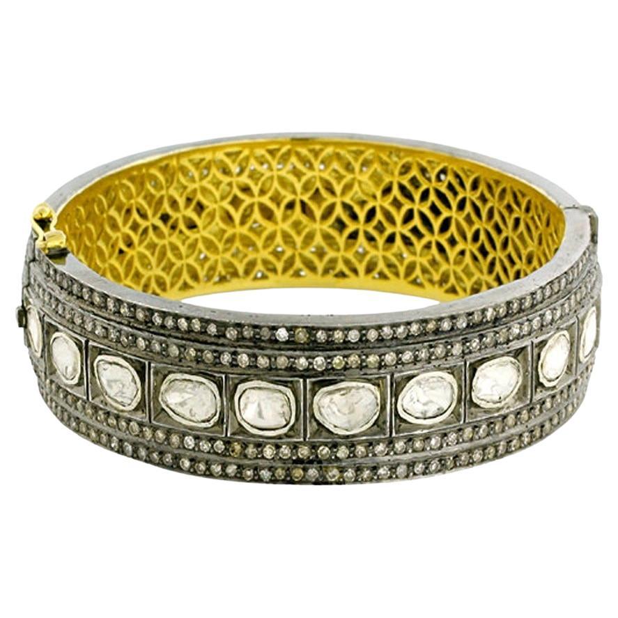 Rose Cut Diamonds Tennis Bangle with Pave Diamonds in 18k Yellow Gold & Silver For Sale