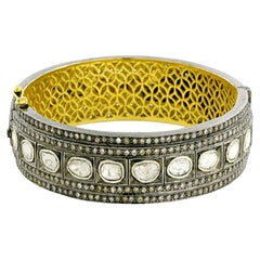 Rose Cut Diamonds Tennis Bangle with Pave Diamonds in 18k Yellow Gold & Silver