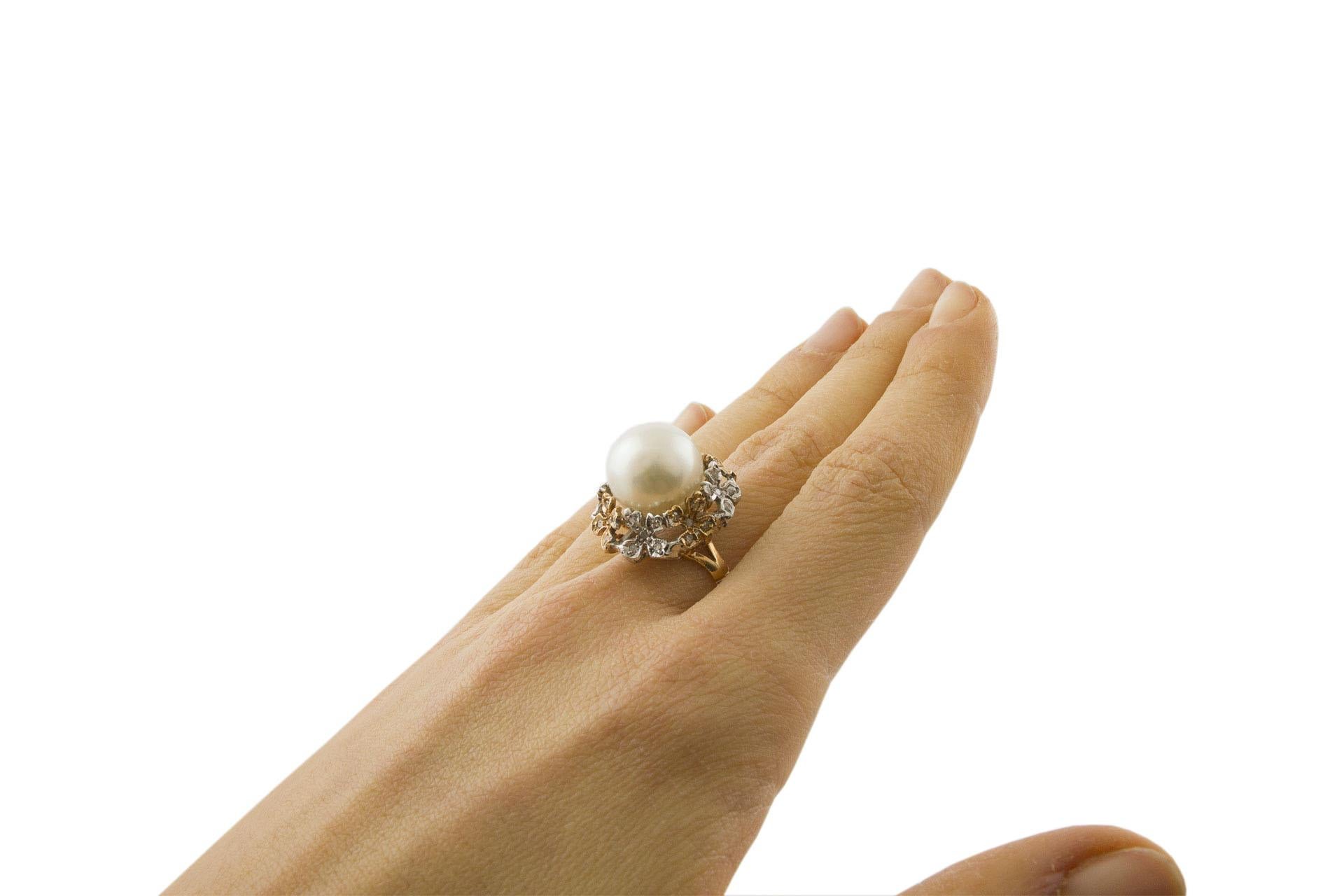 Rose Cut Diamonds, White Pearl, Rose and White Gold Flower Theme Cluster Ring For Sale 1