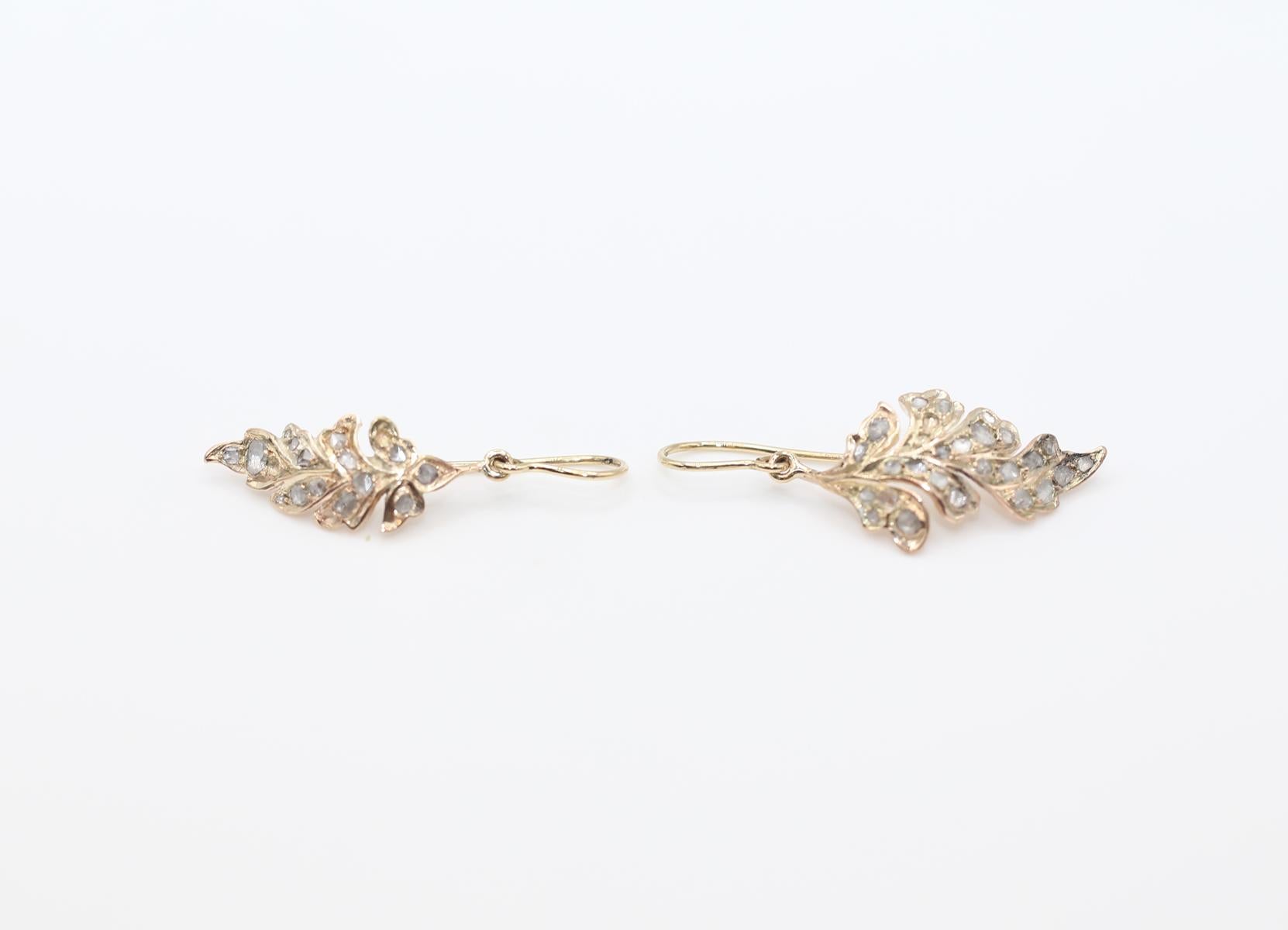 De las mujeres Pendientes Hojas de Oro Amarillo con Diamantes talla Rosa, 1890