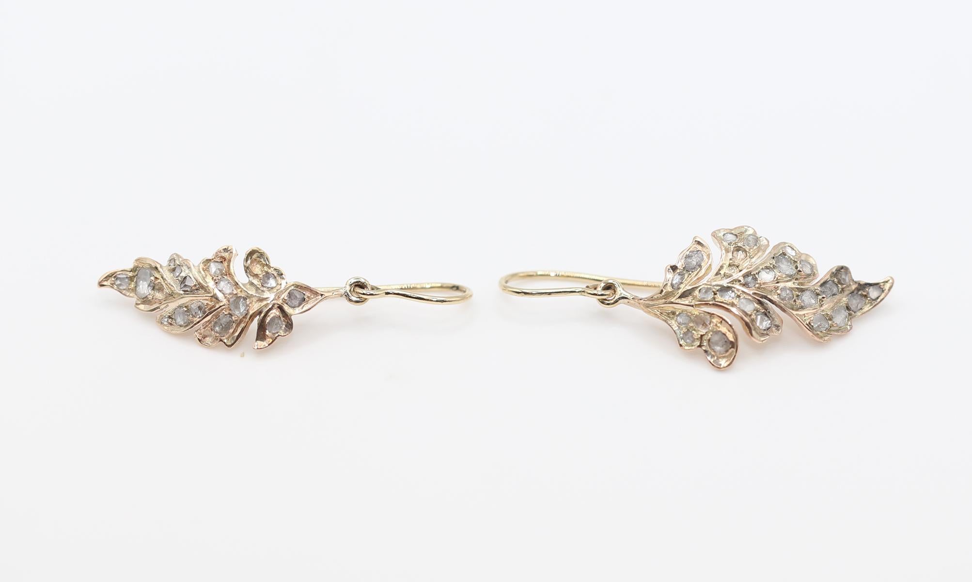 Pendientes Hojas de Oro Amarillo con Diamantes talla Rosa, 1890 1