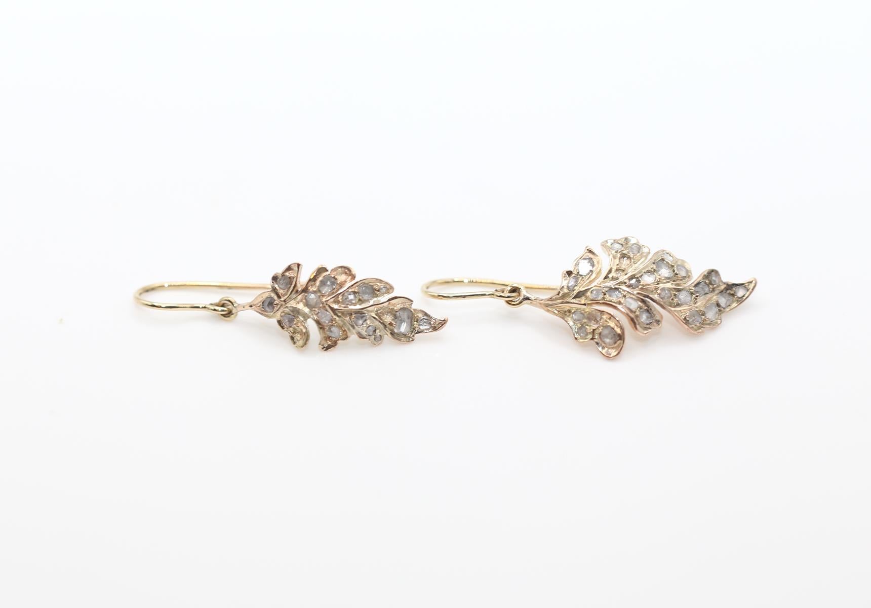 Pendientes Hojas de Oro Amarillo con Diamantes talla Rosa, 1890 2