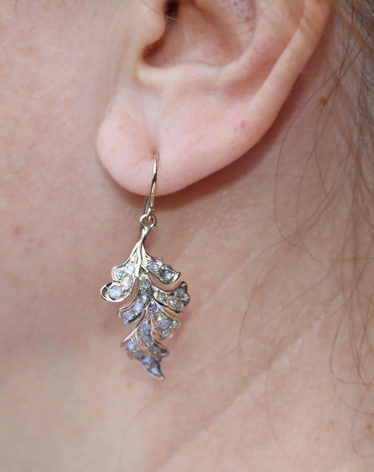Pendientes Hojas de Oro Amarillo con Diamantes talla Rosa, 1890 3