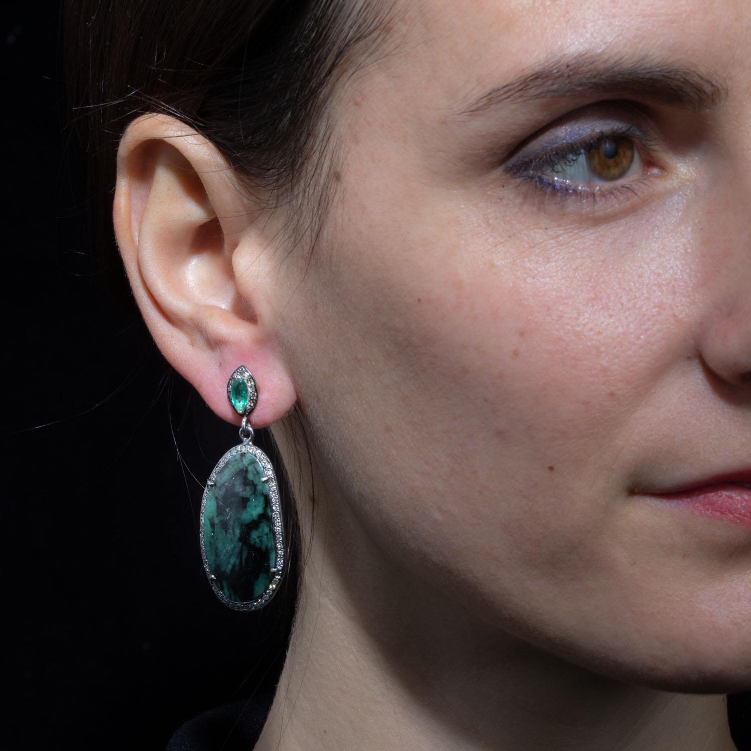 Rose Cut Rose-Cut Emerald and Diamond Dangle Earrings For Sale