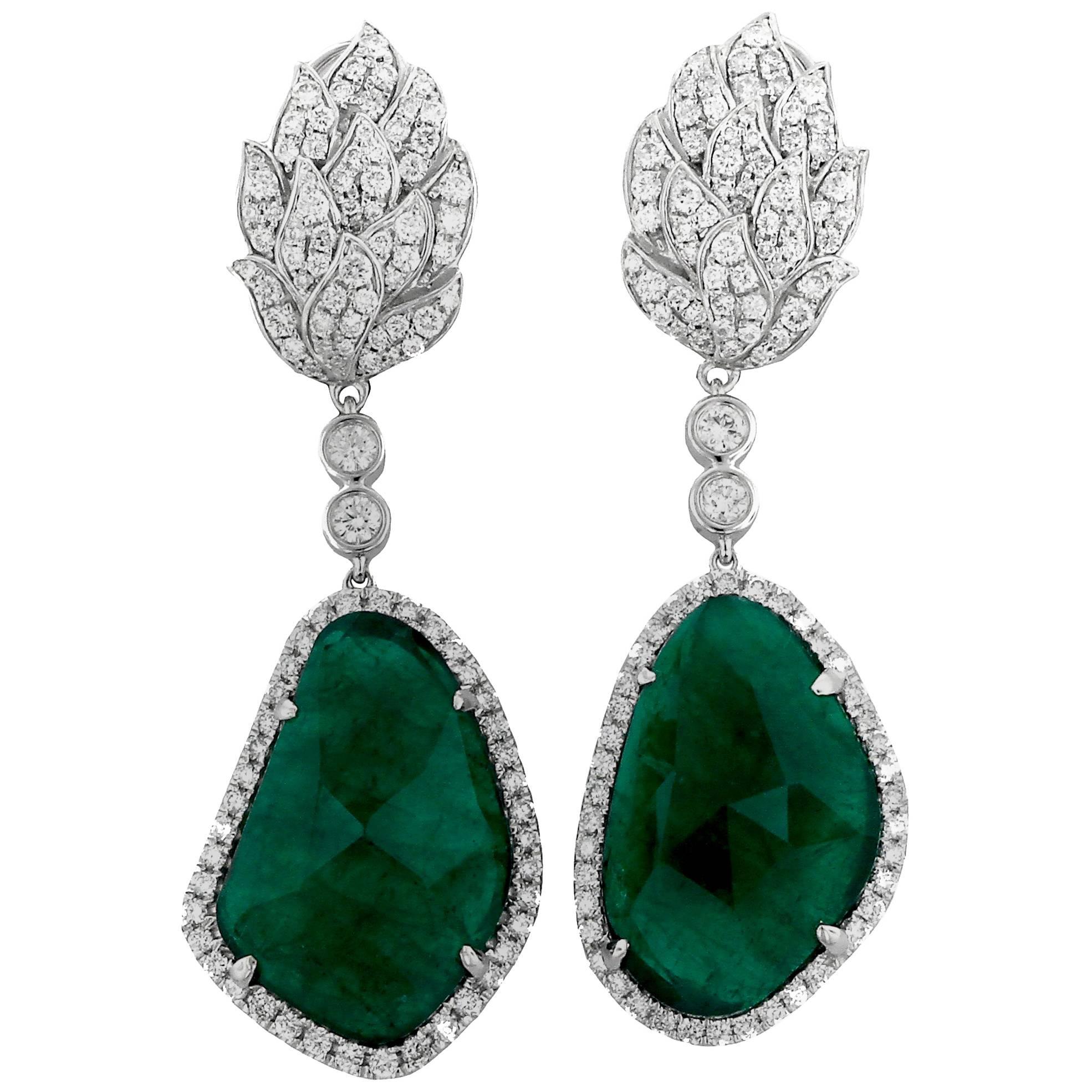 Rose Cut Emerald and Diamond Gold Earrings For Sale