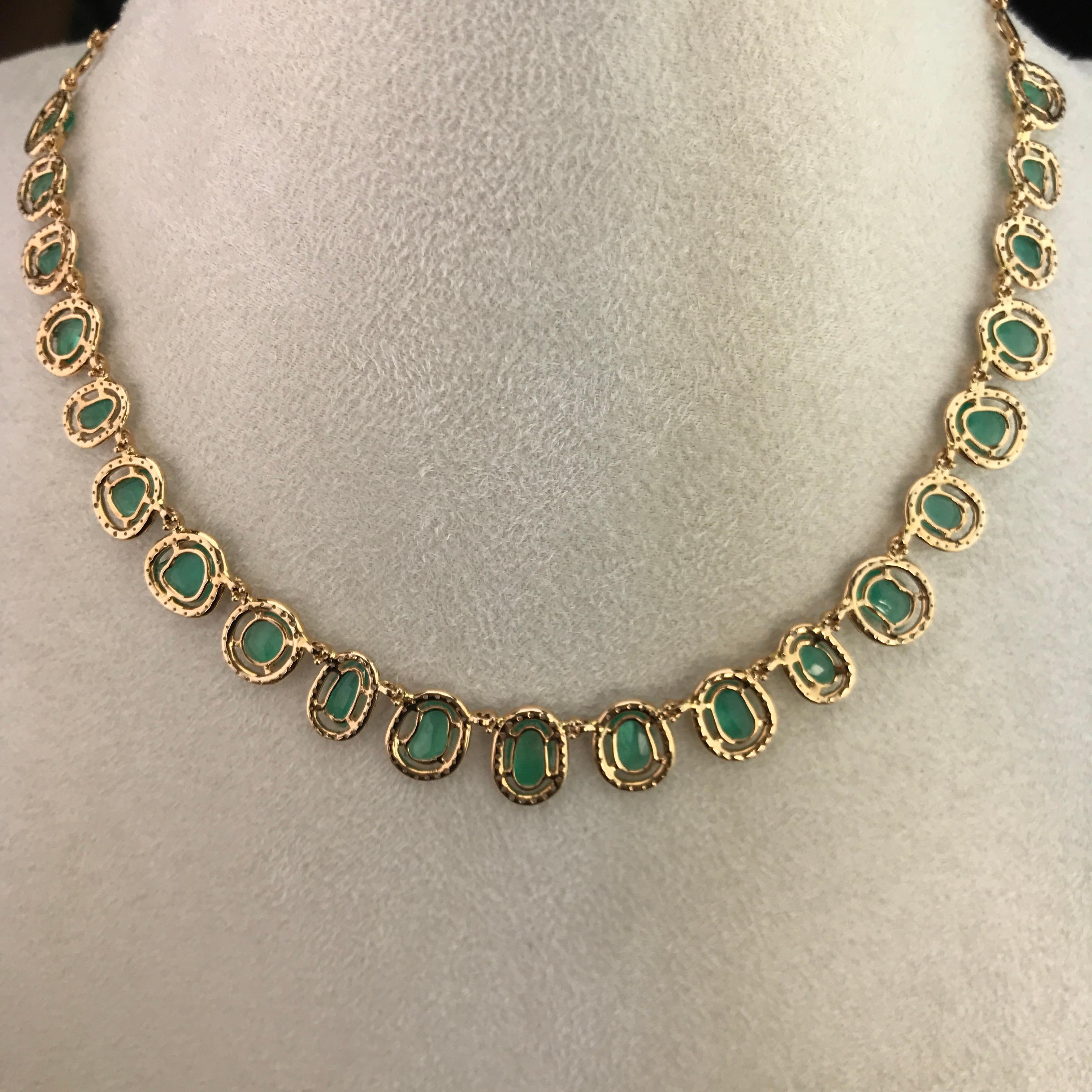A very modern and chic 10.52 carats rose-cut Zambian Emerald and 2.82 carat White Diamond necklace, all set in 18.15 grams of 18K Yellow Gold. The length is adjustable and matching ring / earring / bracelet can be made to order.
