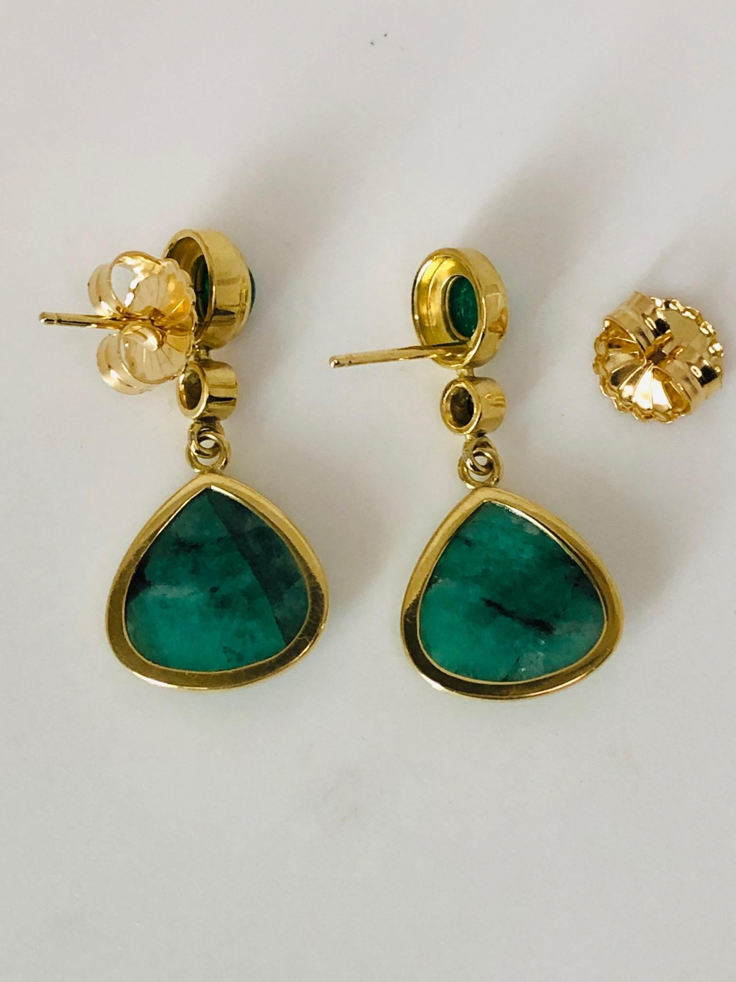 Women's Rose Cut Emerald Cabochon and Black Diamond Yellow Gold Dangle Drop Earrings