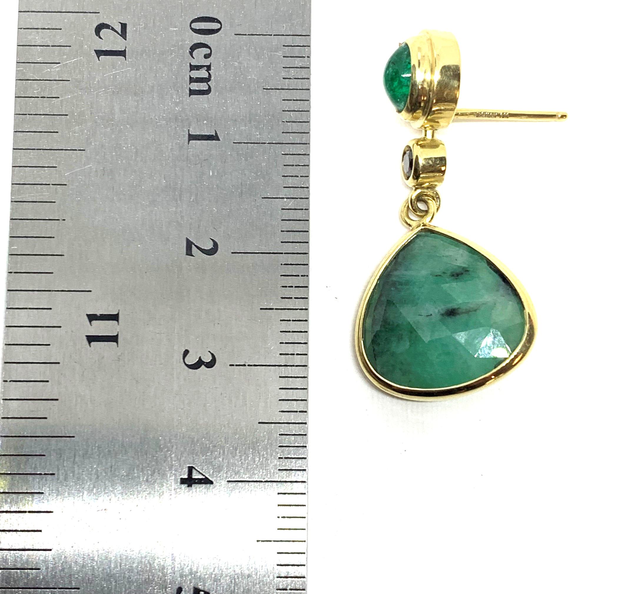 Rose Cut Emerald Cabochon and Black Diamond Yellow Gold Dangle Drop Earrings 1