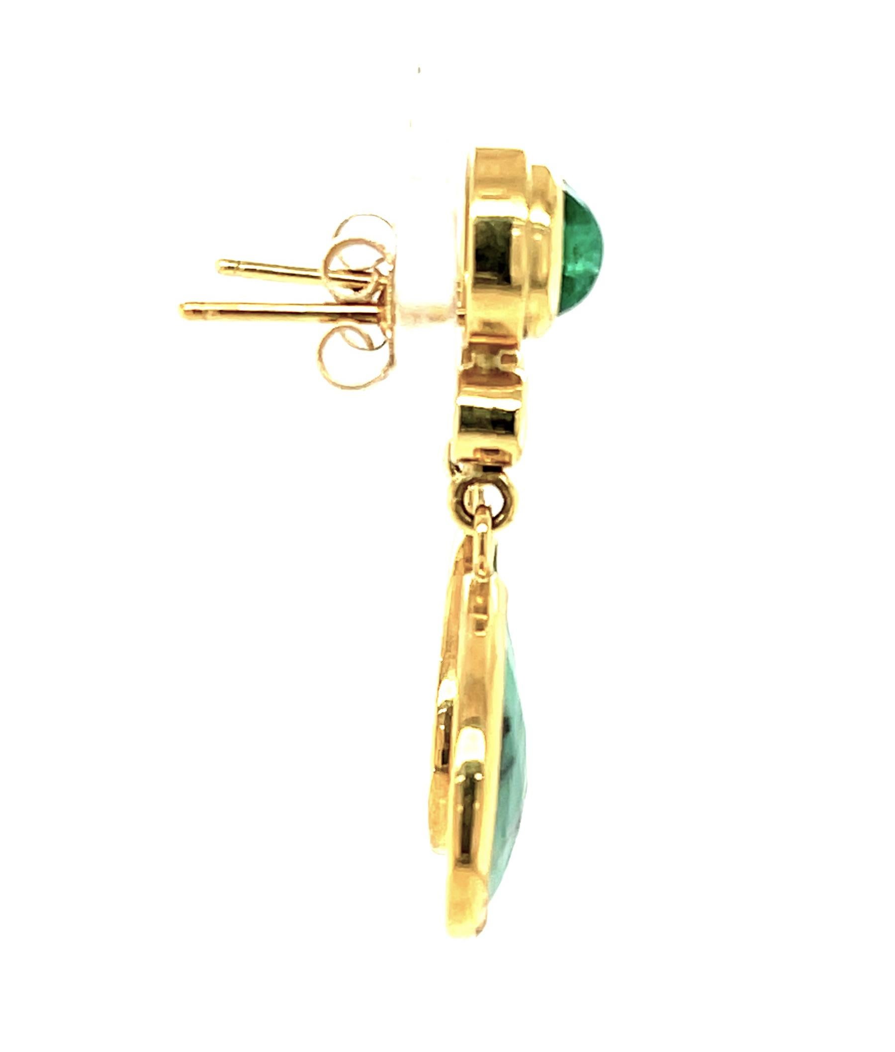Artisan Rose Cut Emerald Cabochon and Black Diamond Yellow Gold Dangle Drop Earrings