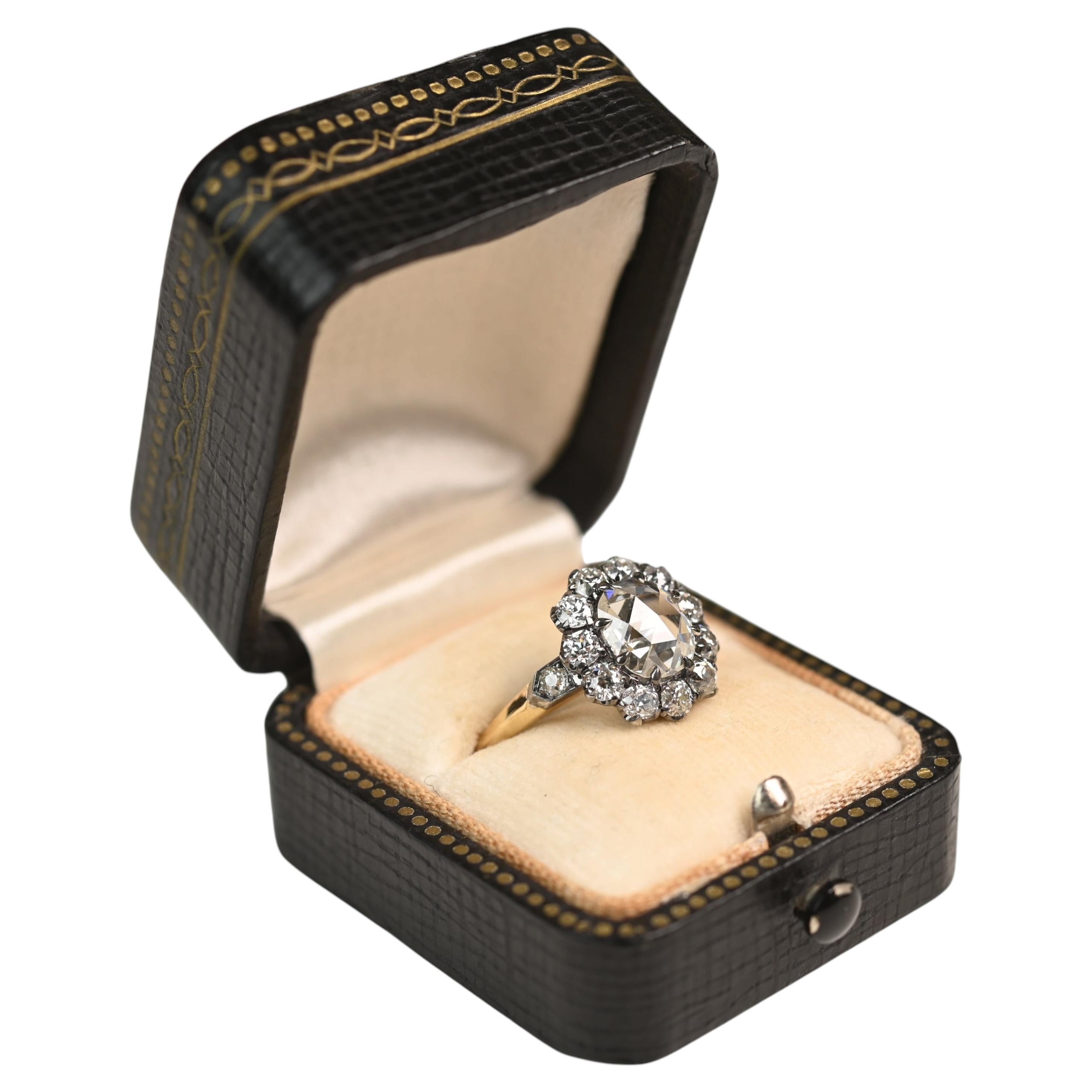 Rose Cut Engagement Ring. GIA 1ct Diamond Cluster Ring L SI2 Silver Yellow Gold