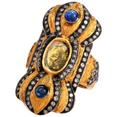 Rose-Cut Fancy Yellow Diamond Sapphire 18 Karat Gold Long Cocktail Ring