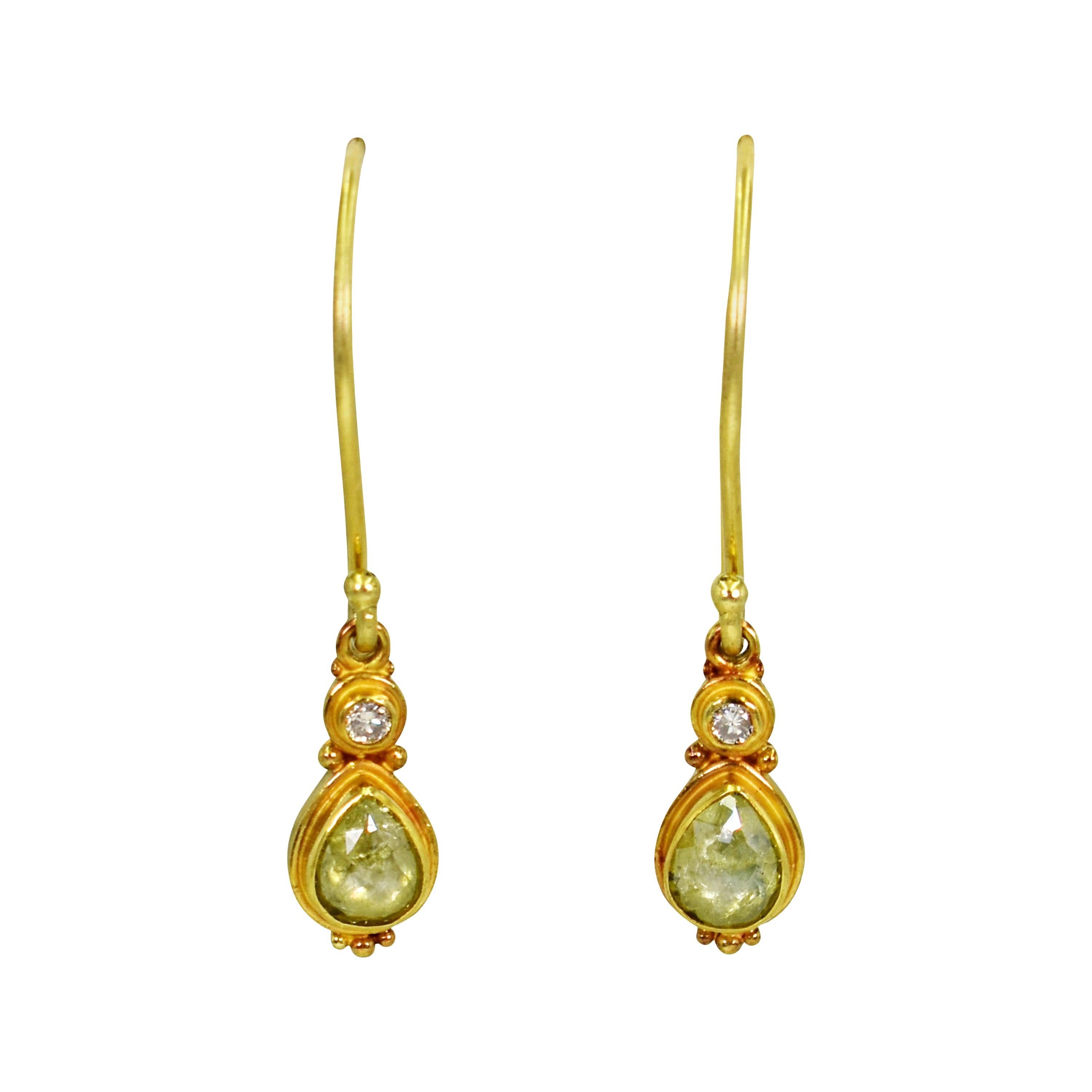 Rose Cut Green Diamond and Accent White Diamond 18 Karat Gold Dangle Earrings