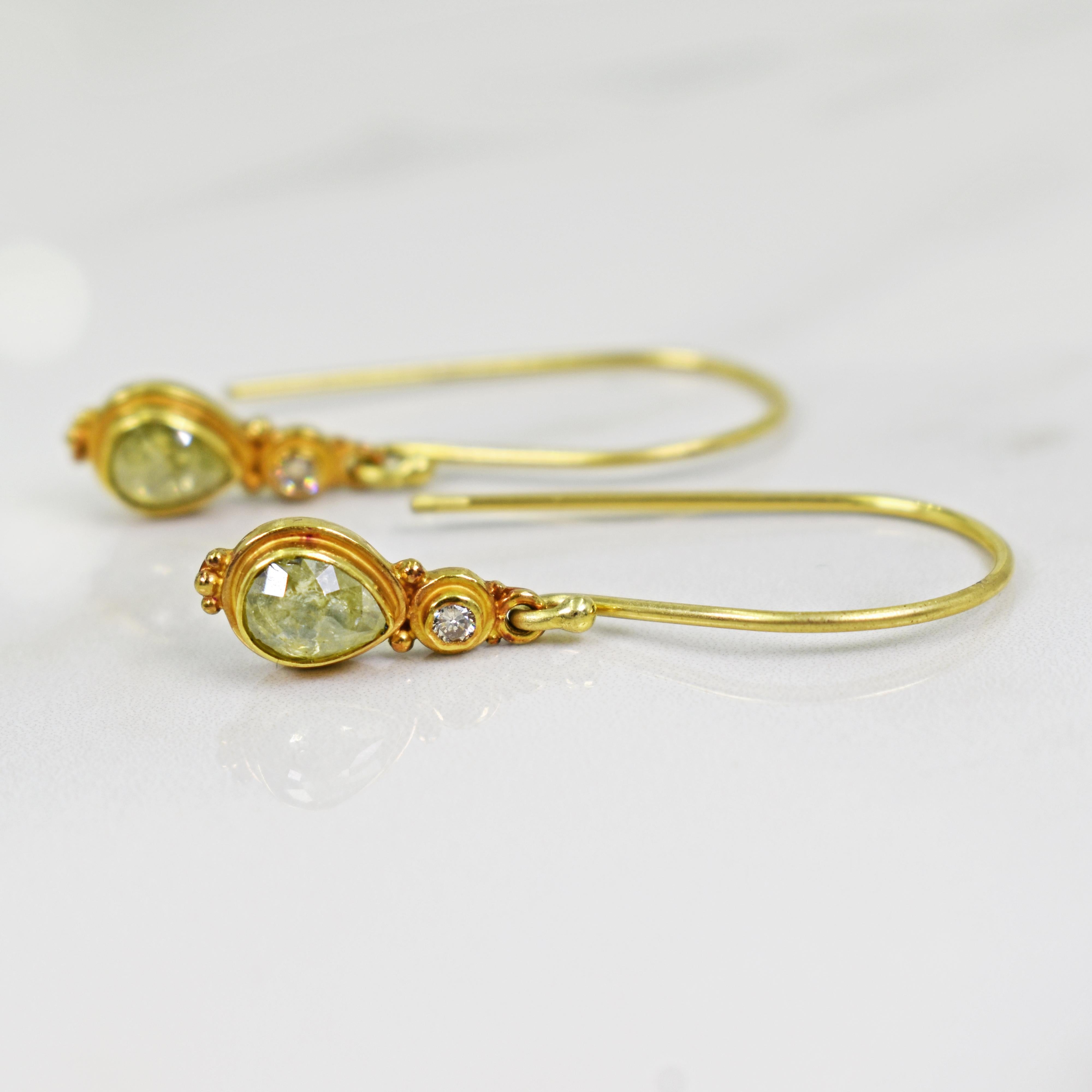 Raw, rose cut yellowish-green Diamond and round white Diamond 18k yellow gold dangle earrings. Earrings are 1.44 inches in length. Gorgeous and unique diamond dangle earrings. 