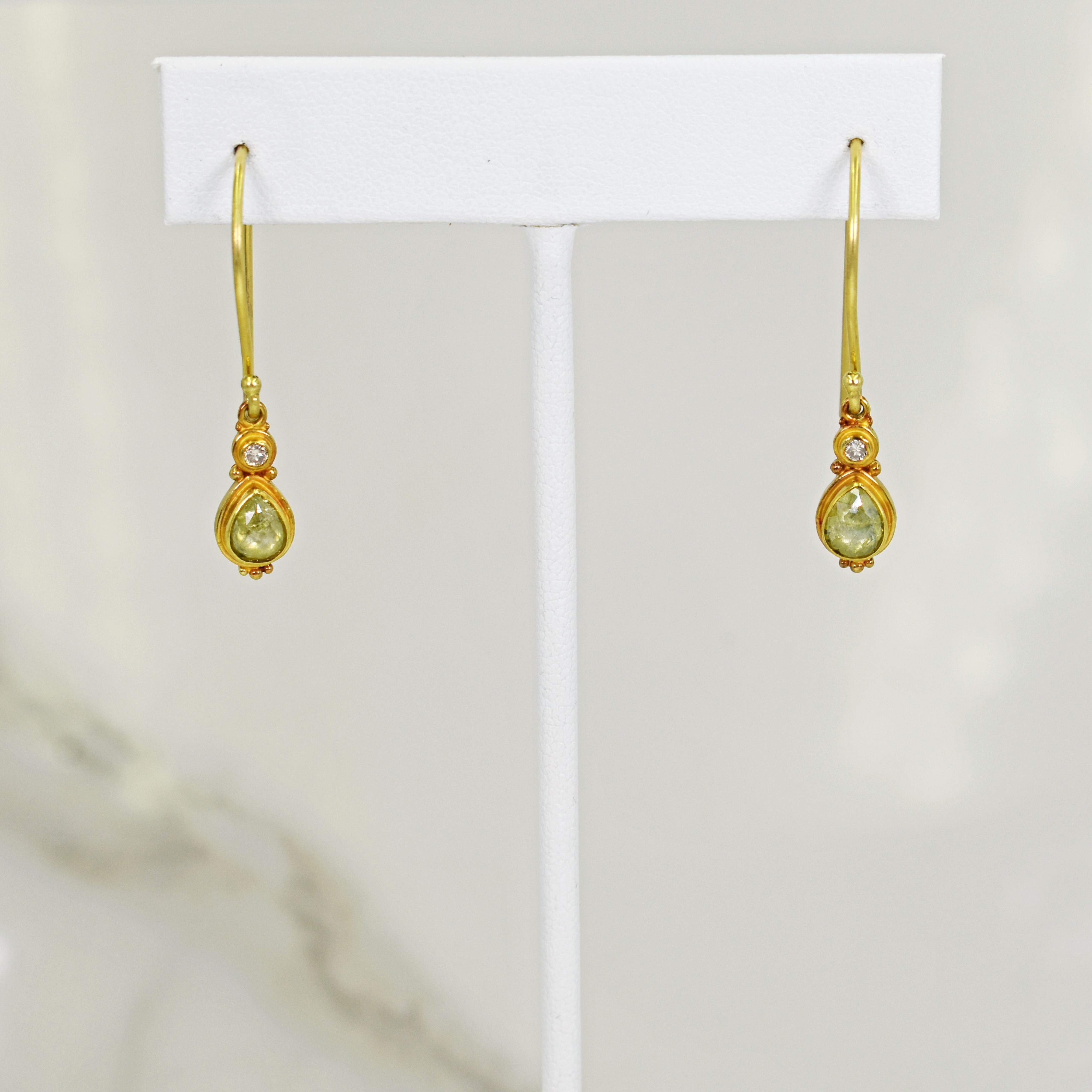Contemporary Rose Cut Green Diamond and Accent White Diamond 18 Karat Gold Dangle Earrings