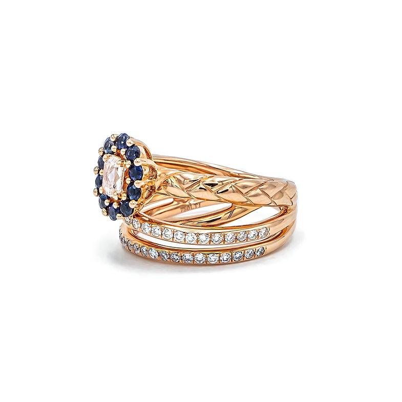 Total Ring Carat Weight: 0.99cts
Diamond Clarity: VS1
Diamond Color: G
Gold Purity: 18k
Gold Color: Rose
Gold Weight: 8.06g
Diamond Type: Natural Diamond and Gemstone, Conflict-Free

This piece has been designed and curated with a creative and