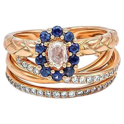 Rose Cut in Blue Sapphire Halo Set in Gold & Diamond Layered Band Cocktail Ring