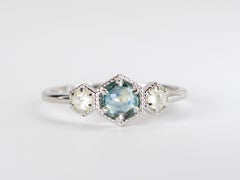 Rose Cut Montana Sapphire Diamond Three-Stone Engagement Ring 14K Gold R6335