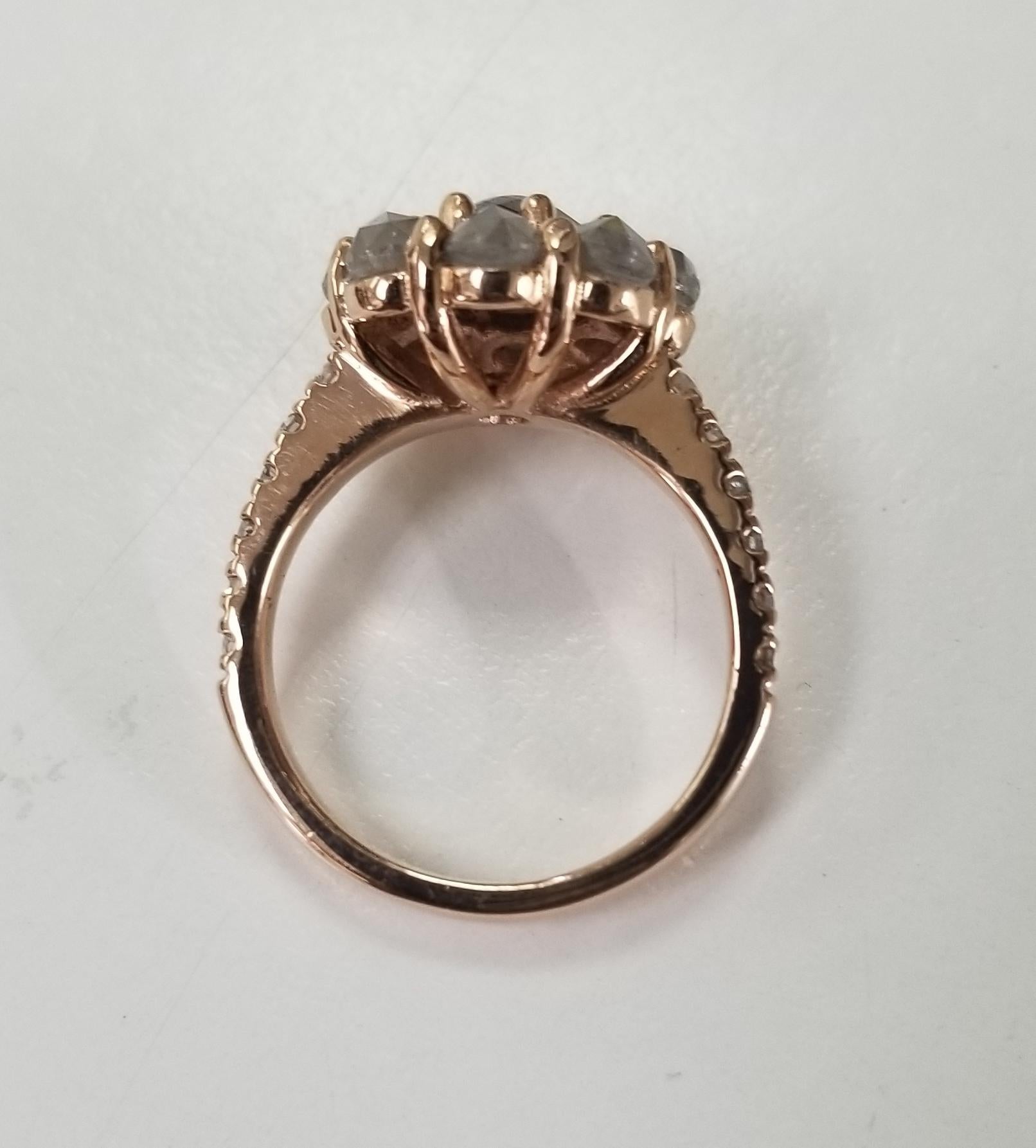 Rose Cut Natural Diamond Cluster Ring Set in 14 Karat Rose Gold In New Condition For Sale In Los Angeles, CA