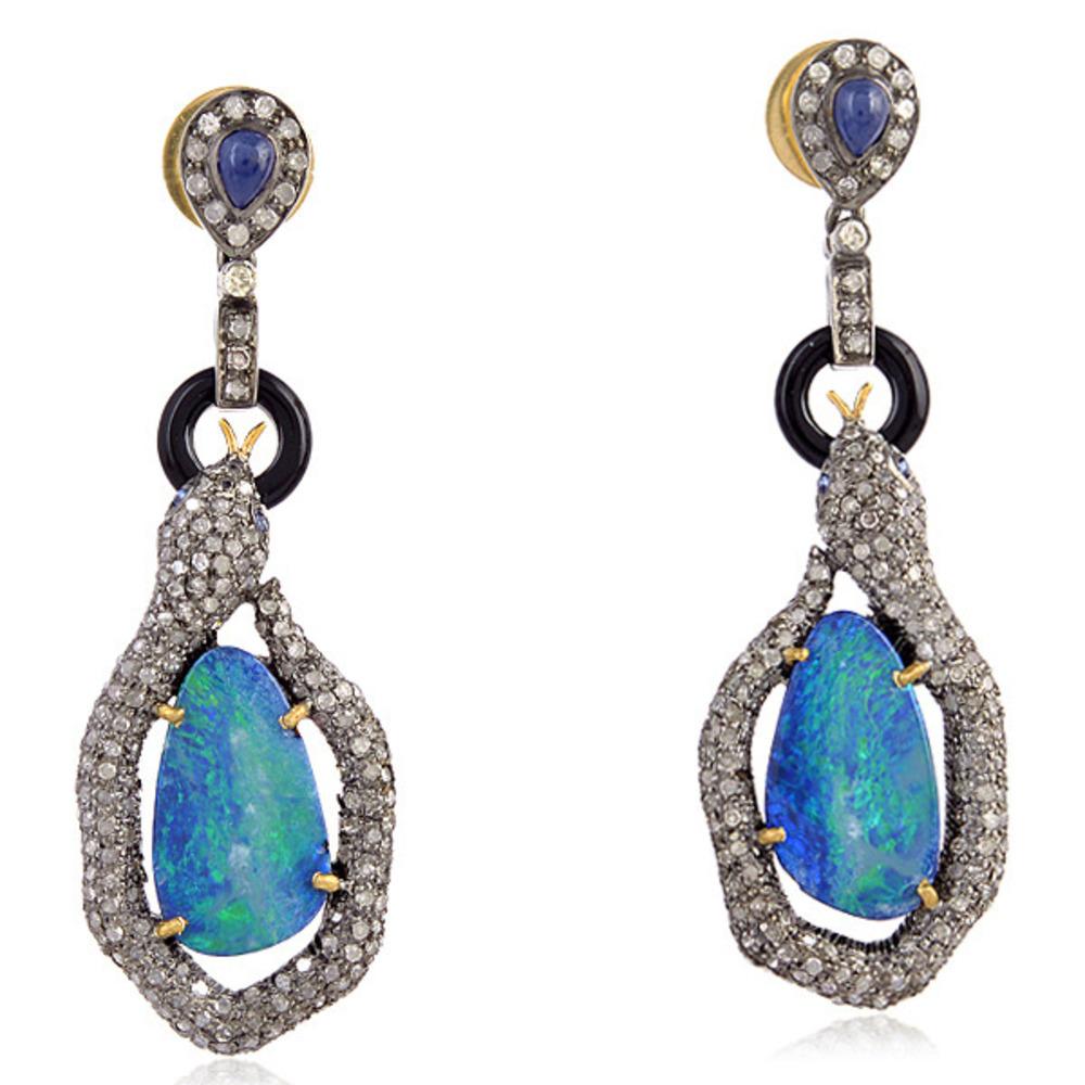 Rose Cut Opal with Multi Gemstone & Pave Diamonds Snake Shape Dangle Earrings In New Condition In New York, NY