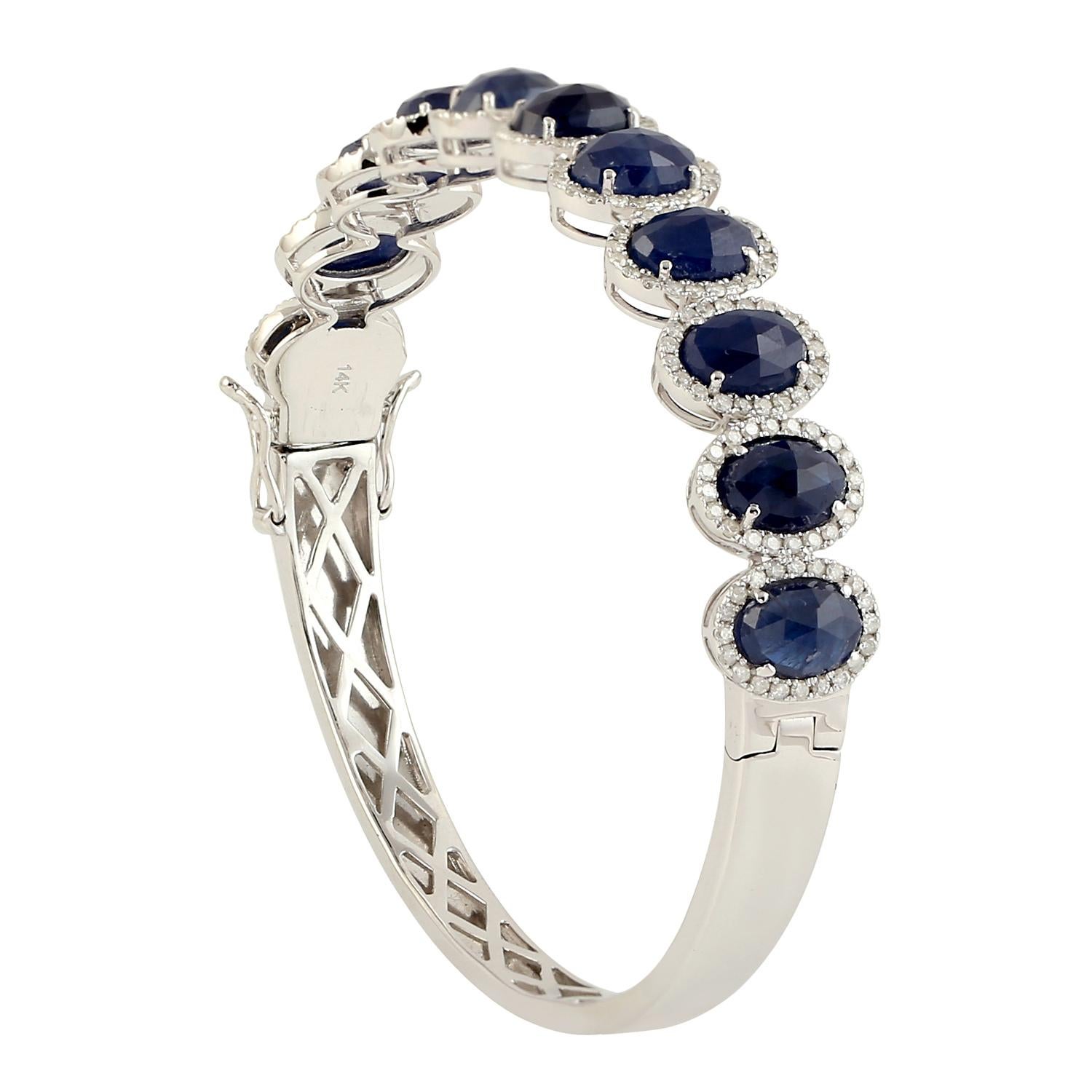 Art Deco Rose Cut Oval Blue Sapphire Tennis bracelet Made in 14k Gold For Sale