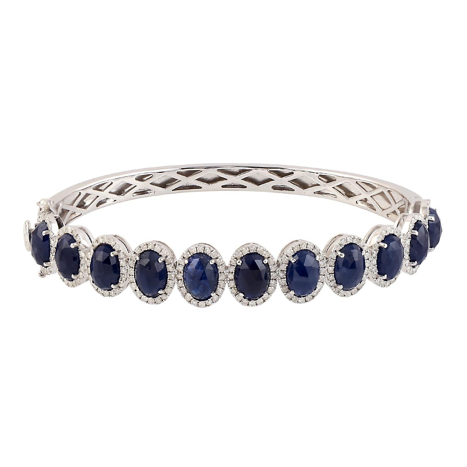Mixed Cut Rose Cut Oval Blue Sapphire Tennis bracelet Made in 14k Gold For Sale