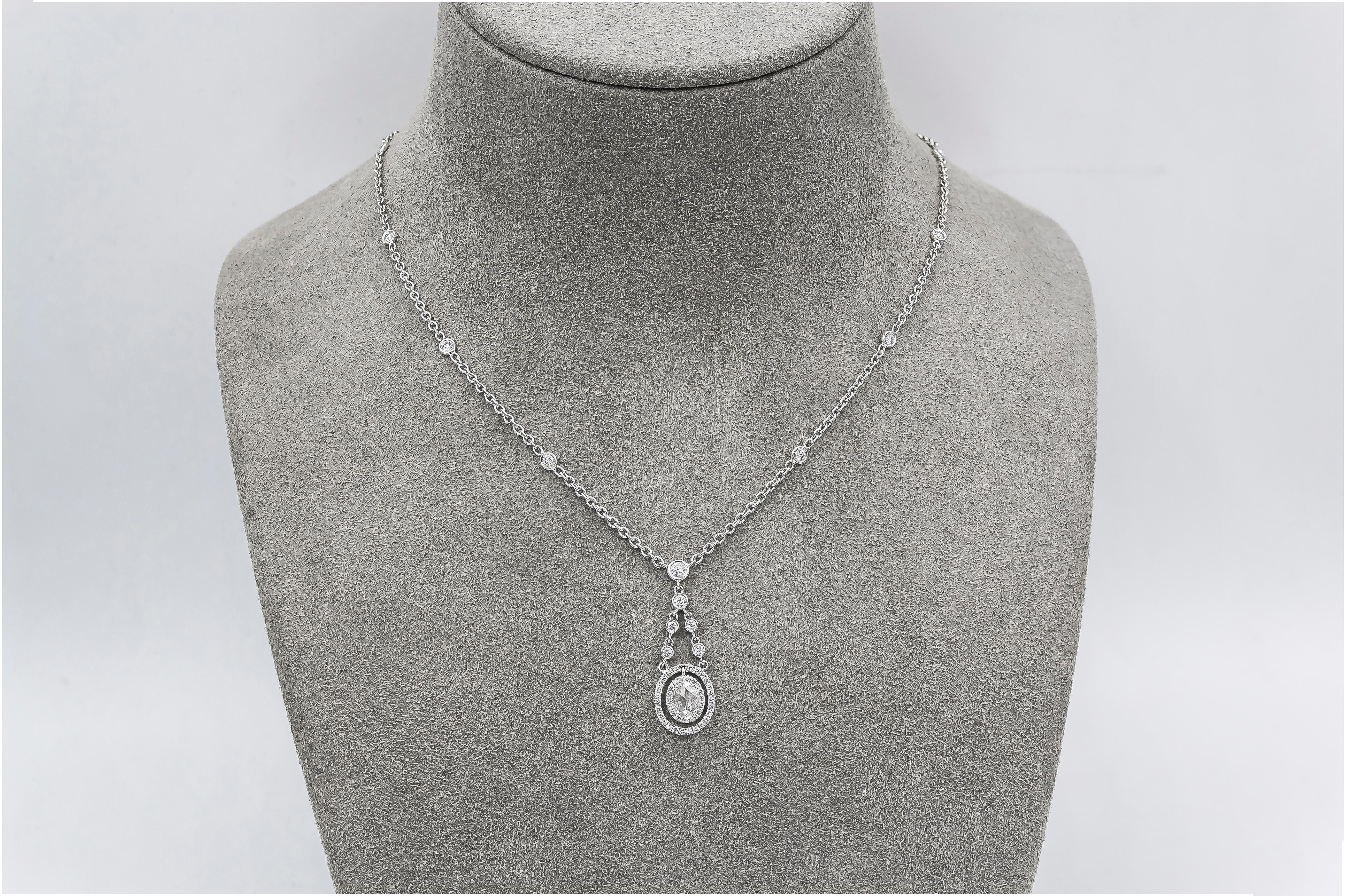 Roman Malakov 1.01 Carats Total Oval & Round Diamond Halo Drop Pendant Necklace For Sale 1