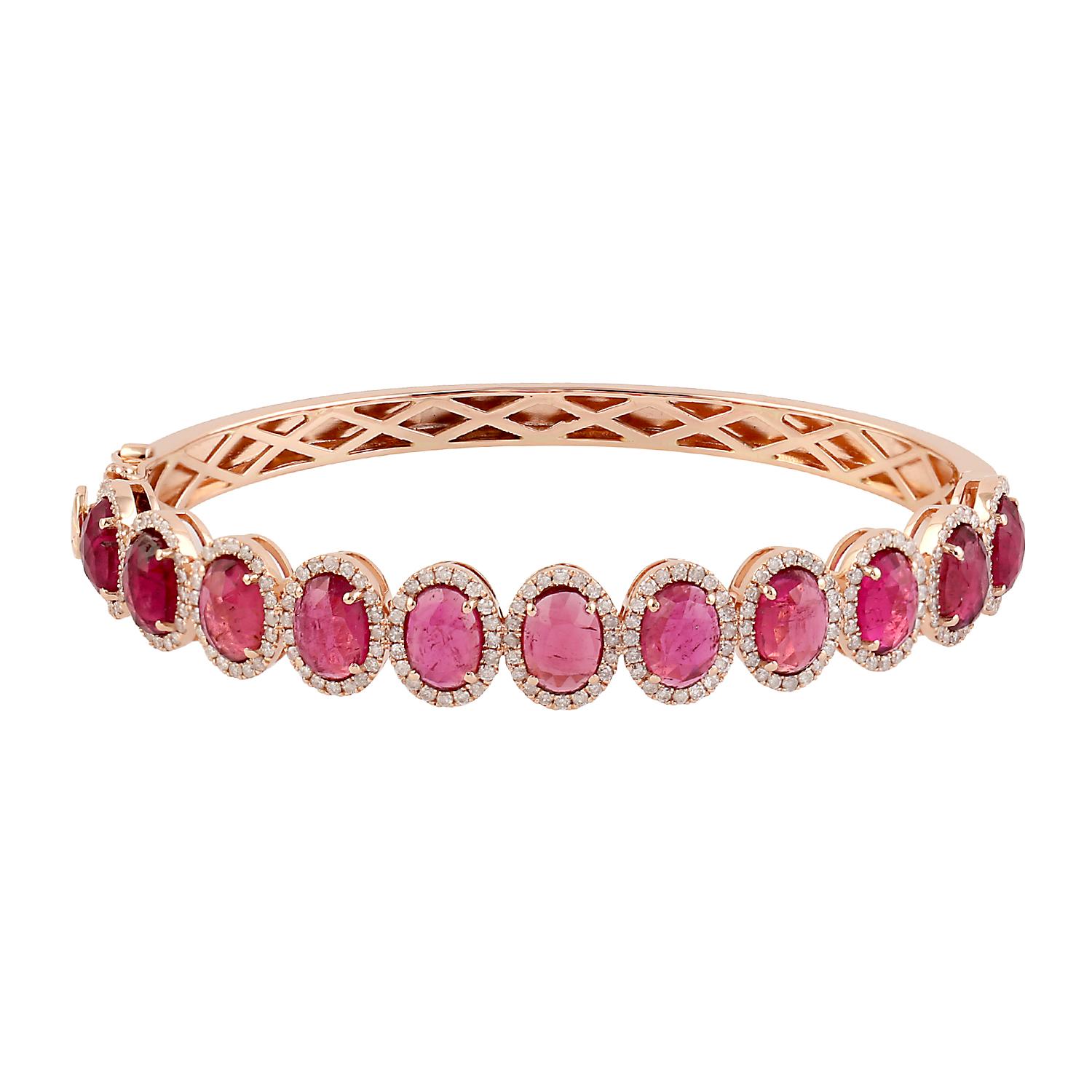 Art déco Bracelet tennis en or 14 carats avec tourmaline ovale taillée en rose en vente
