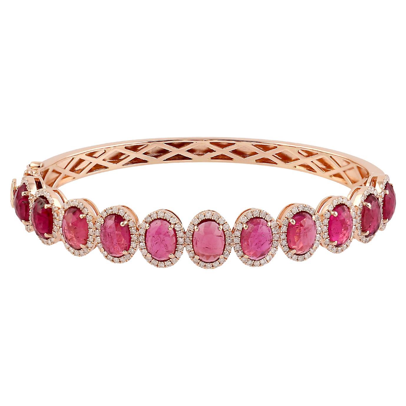 Bracelet tennis en or 14 carats avec tourmaline ovale taillée en rose en vente