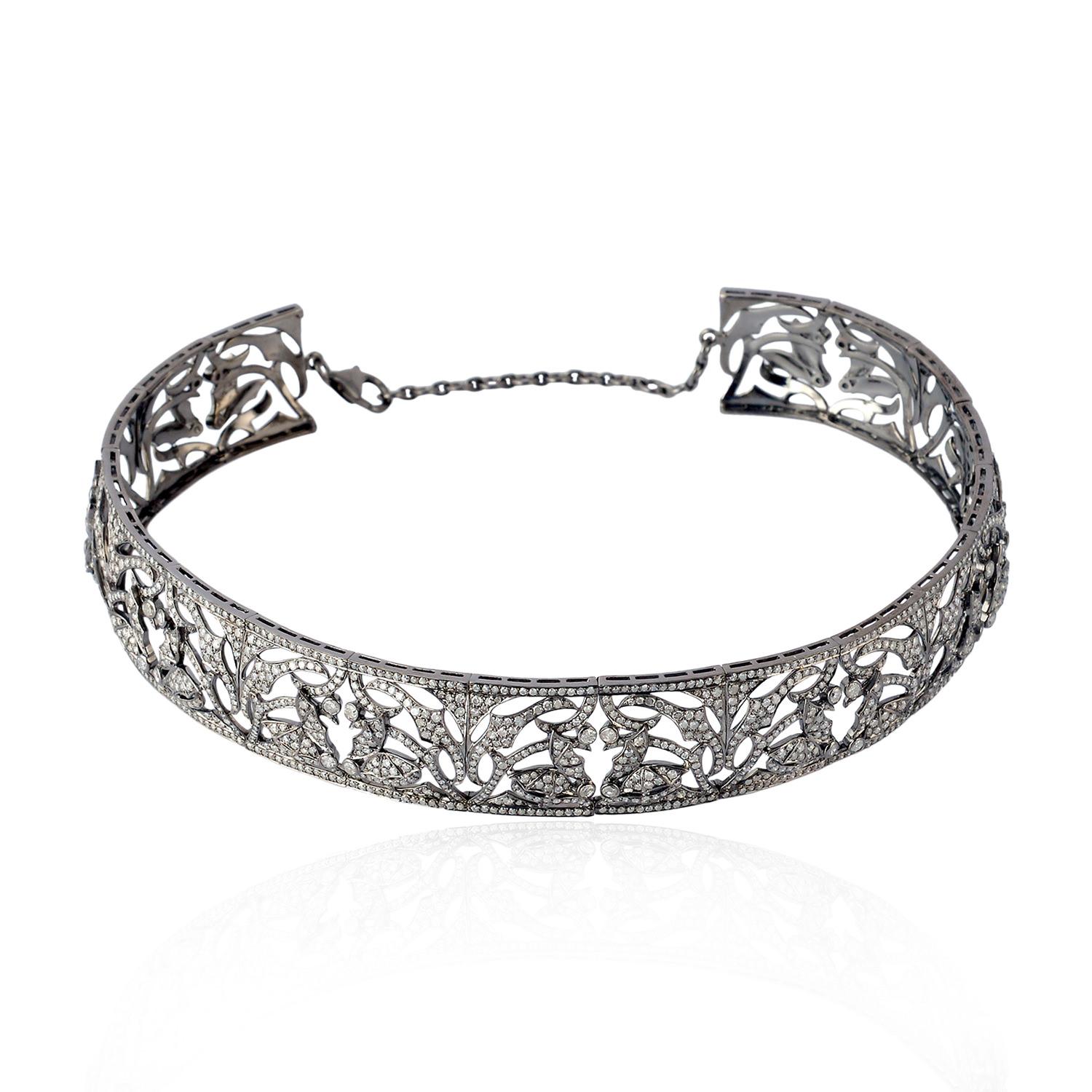 Art Nouveau Flower Pattern Pave Diamond Choker Necklace Made in 18k White Gold & Silver For Sale