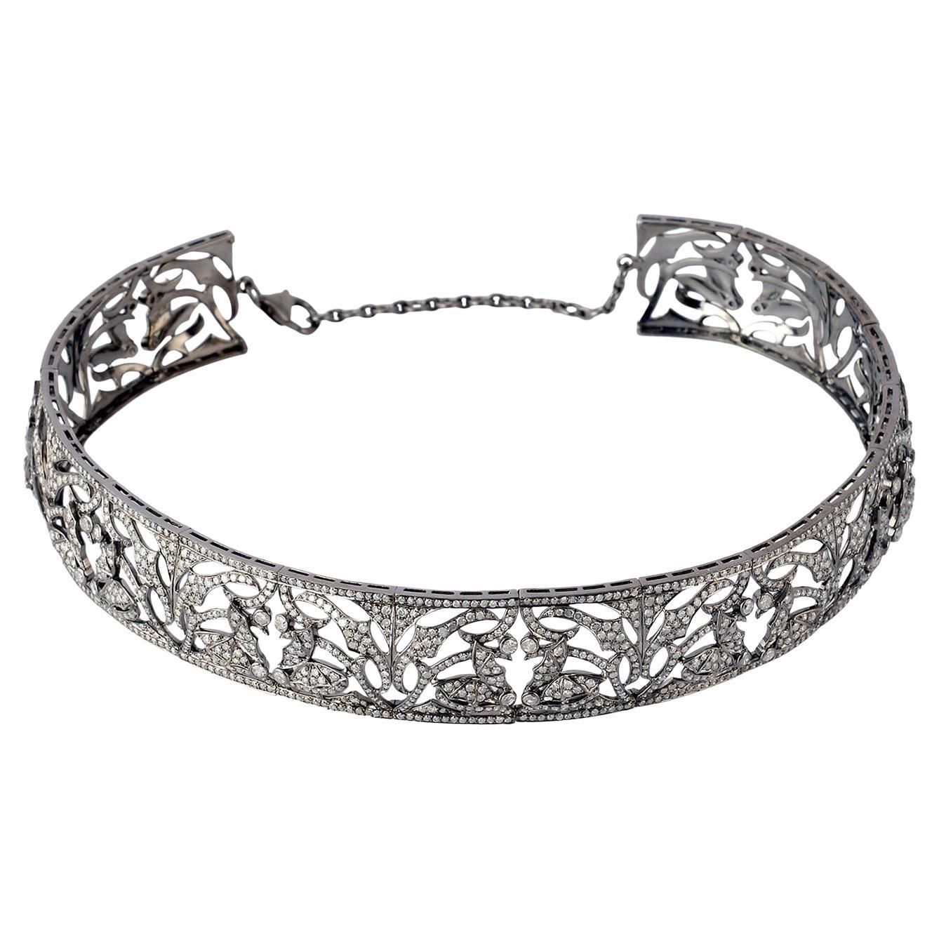 Flower Pattern Pave Diamond Choker Necklace Made in 18k White Gold & Silver For Sale