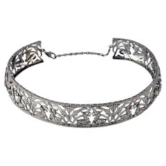 Vintage Flower Pattern Pave Diamond Choker Necklace Made in 18k White Gold & Silver